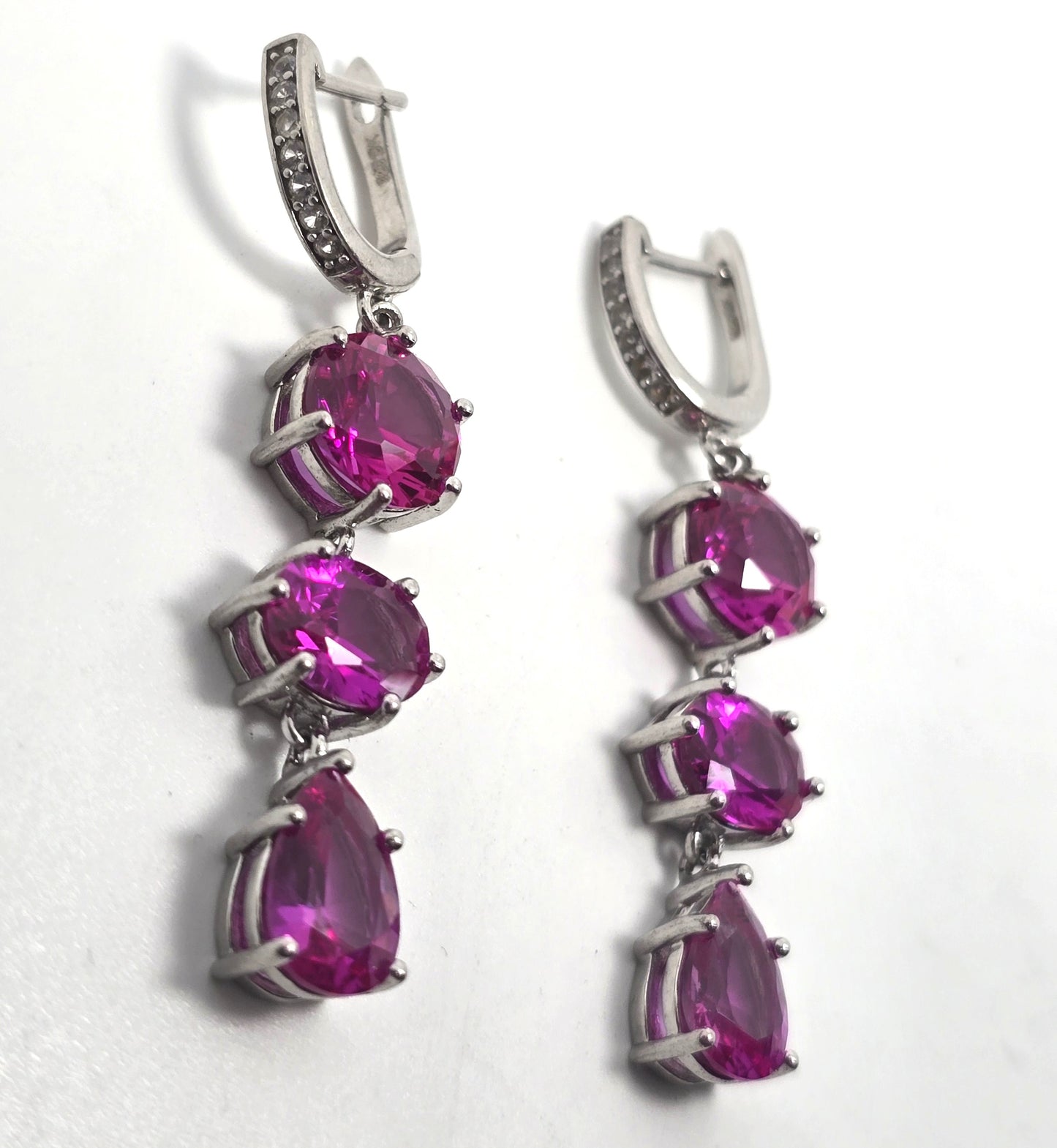 Triple large synthetic pink sapphire white spinel DK sterling silver earrings