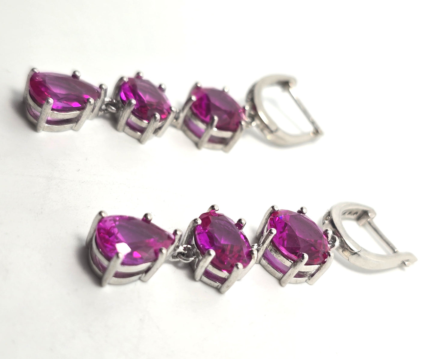 Triple large synthetic pink sapphire white spinel DK sterling silver earrings
