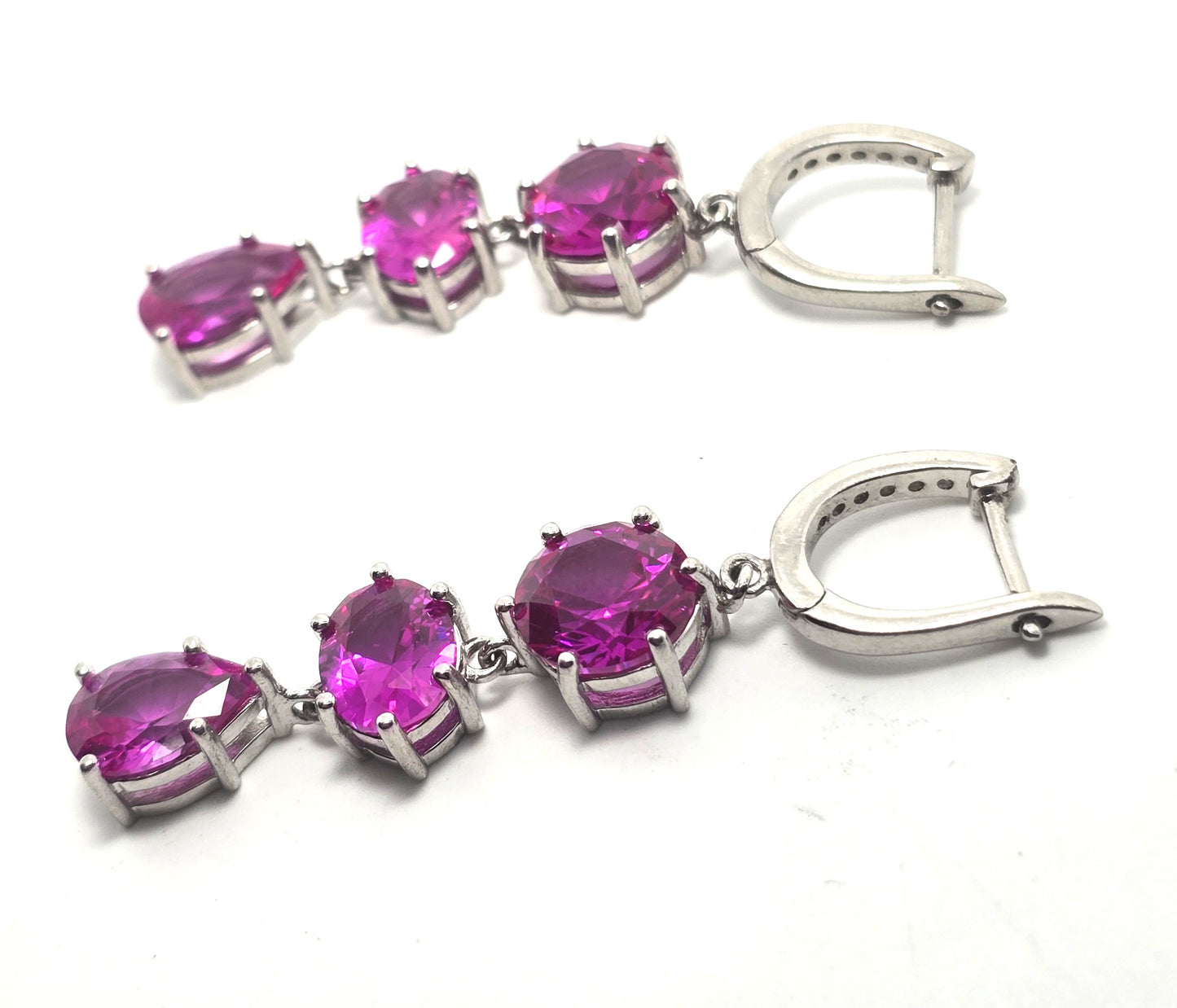Triple large synthetic pink sapphire white spinel DK sterling silver earrings