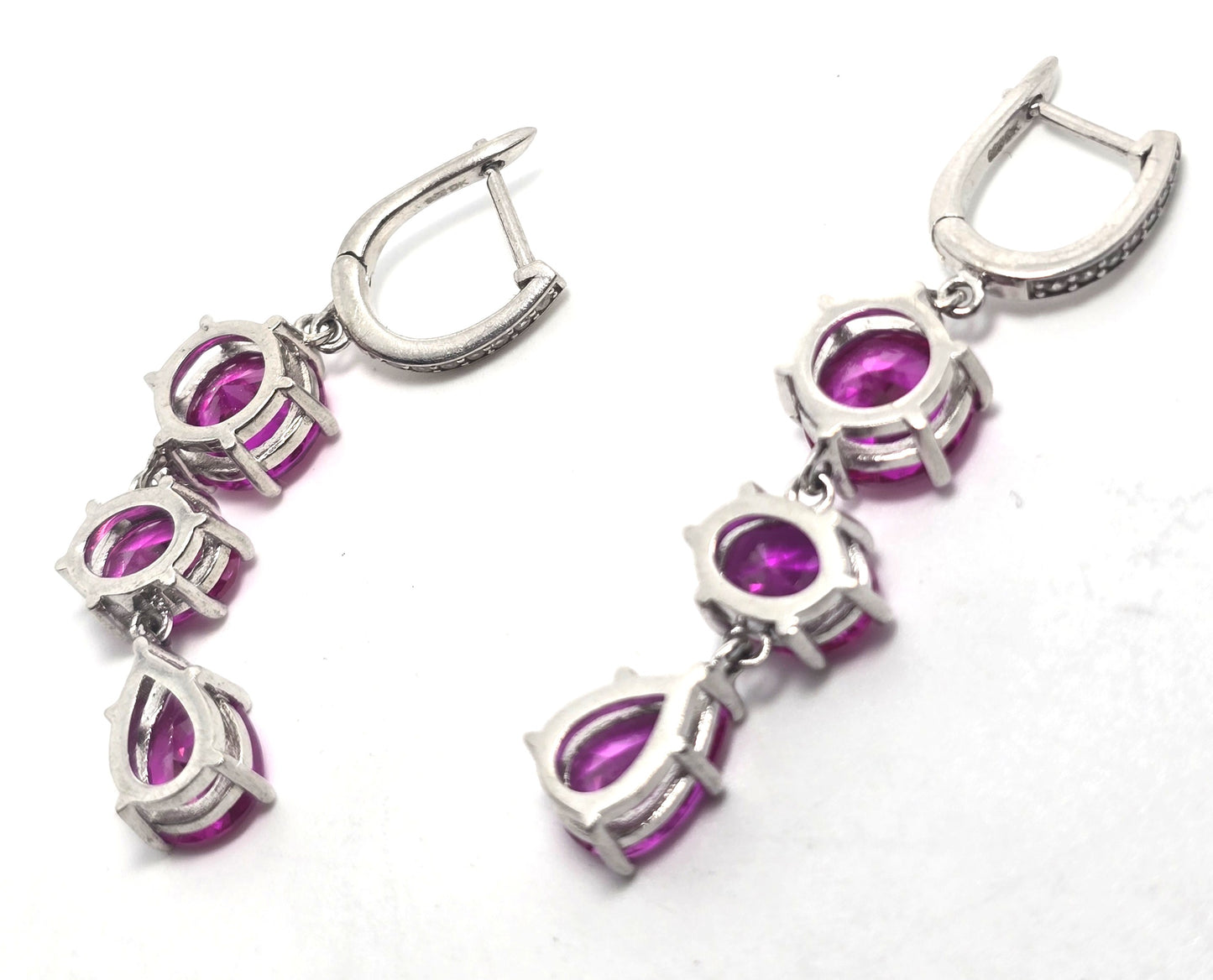 Triple large synthetic pink sapphire white spinel DK sterling silver earrings