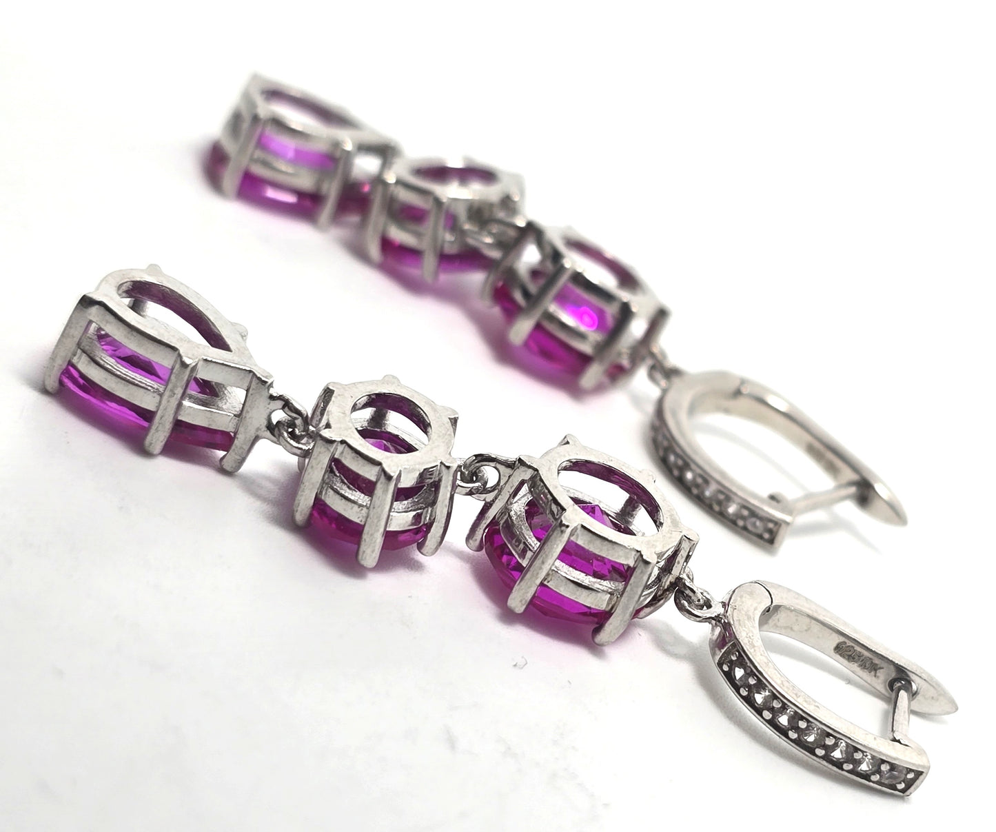 Triple large synthetic pink sapphire white spinel DK sterling silver earrings