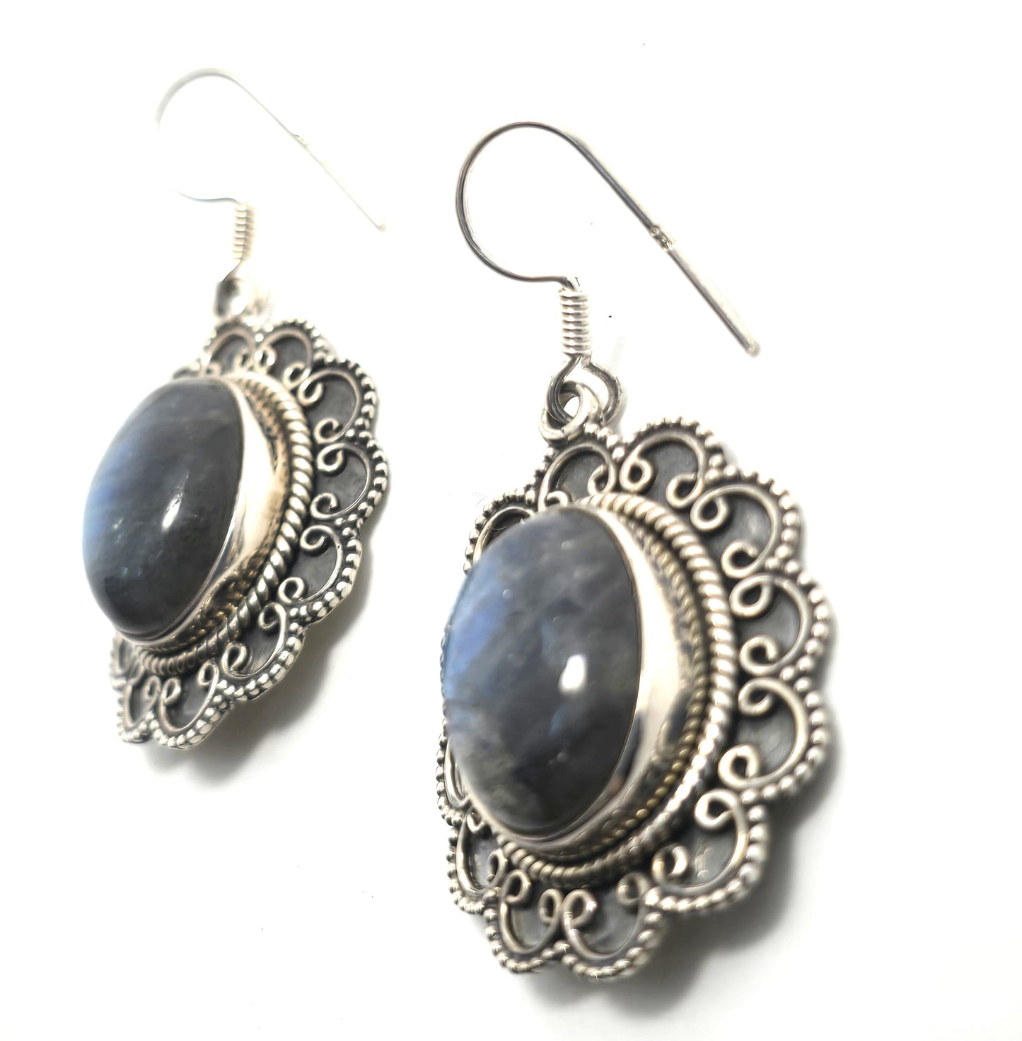 PTI Labradorite gemstone drop Bali India sterling silver vintage earrings