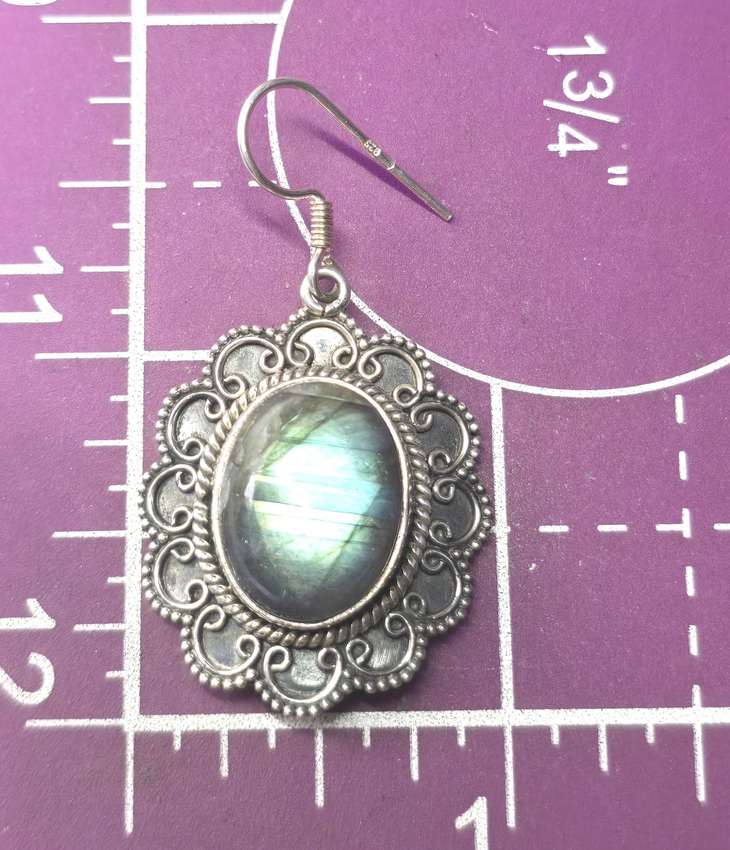 PTI Labradorite gemstone drop Bali India sterling silver vintage earrings
