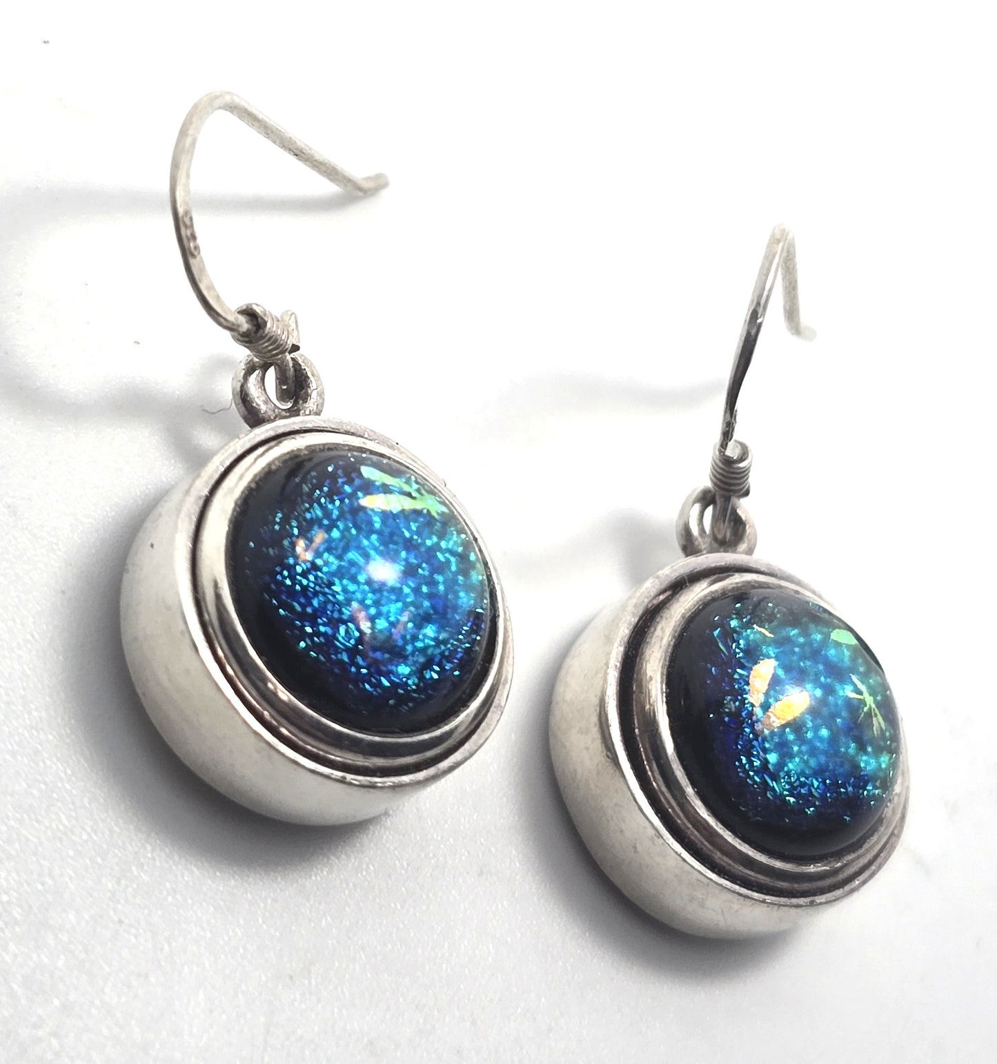 Blue Dichroic Glass gold painted vintage drop artisan sterling silver earrings