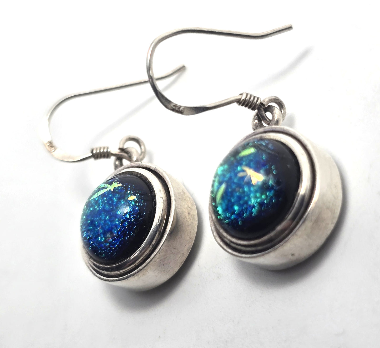 Blue Dichroic Glass gold painted vintage drop artisan sterling silver earrings