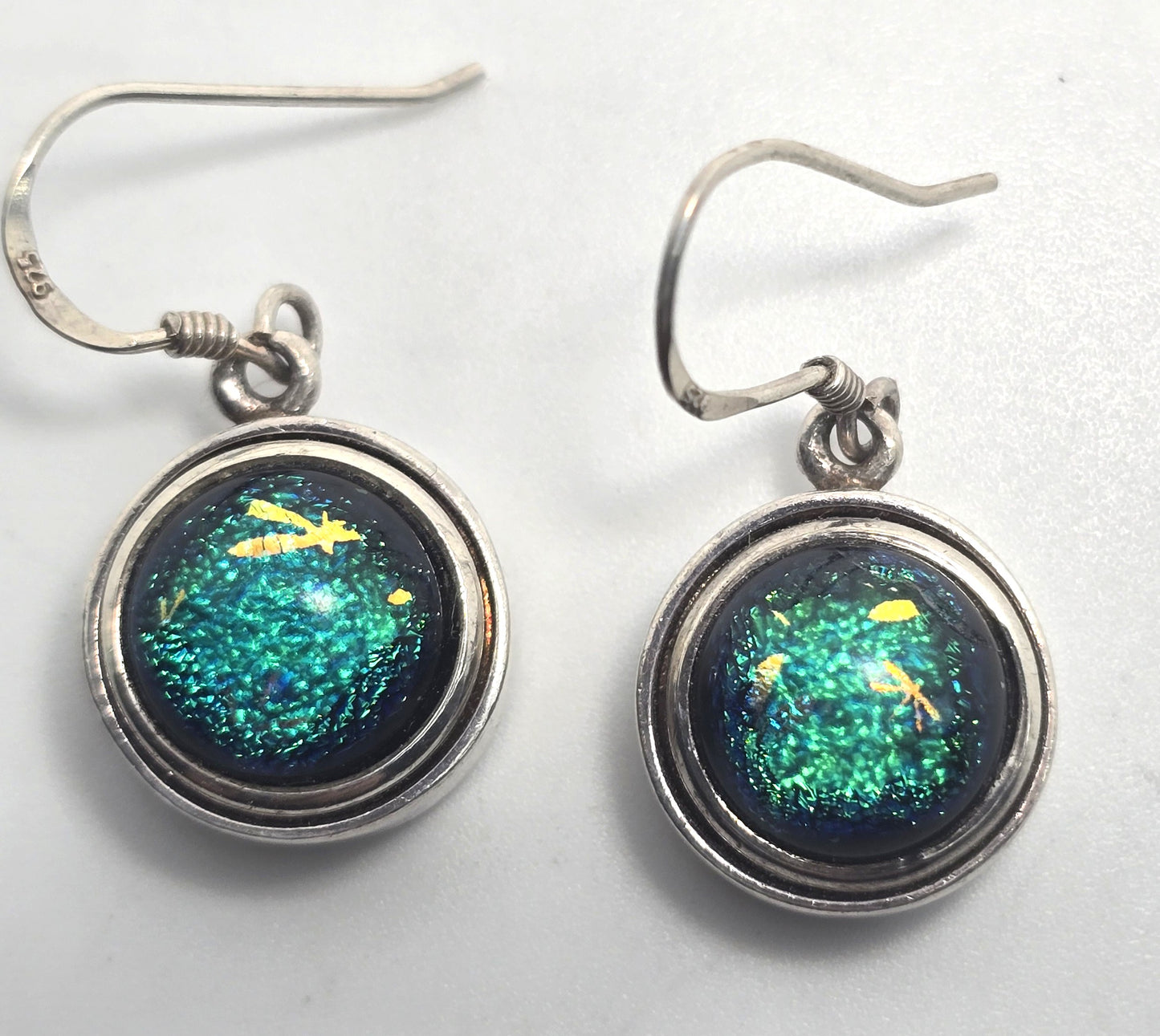 Blue Dichroic Glass gold painted vintage drop artisan sterling silver earrings