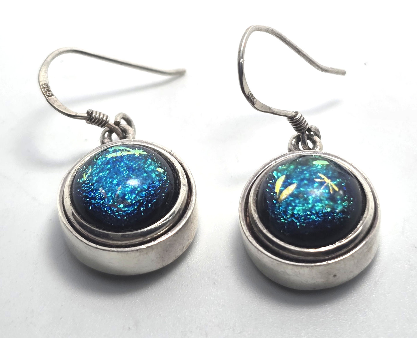 Blue Dichroic Glass gold painted vintage drop artisan sterling silver earrings