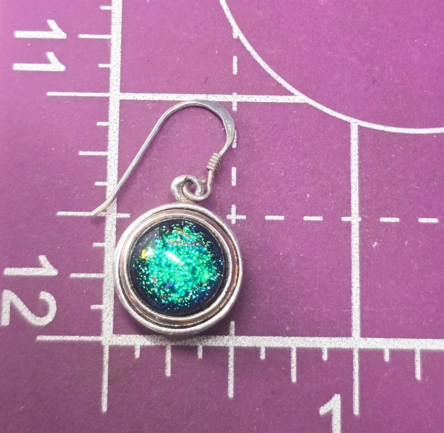 Blue Dichroic Glass gold painted vintage drop artisan sterling silver earrings