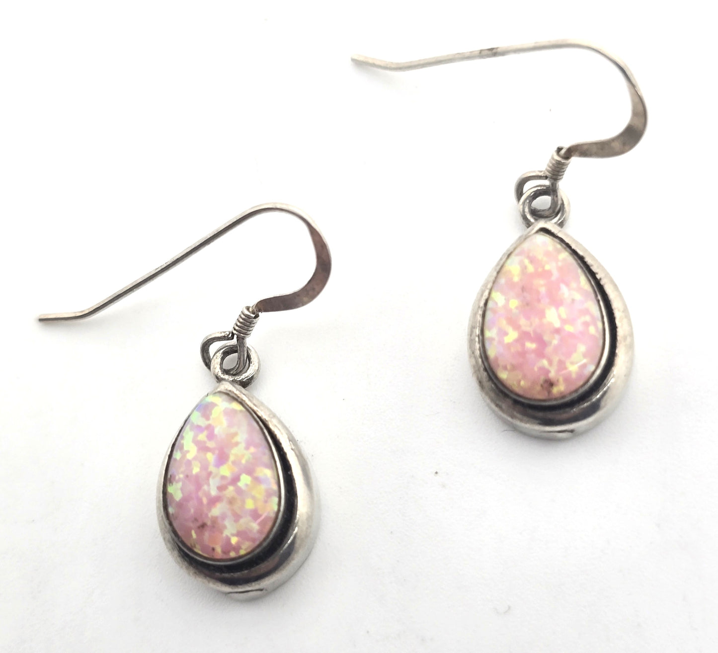 Pink synthetic Fire opal pear cut gemstone sterling silver drop earrings