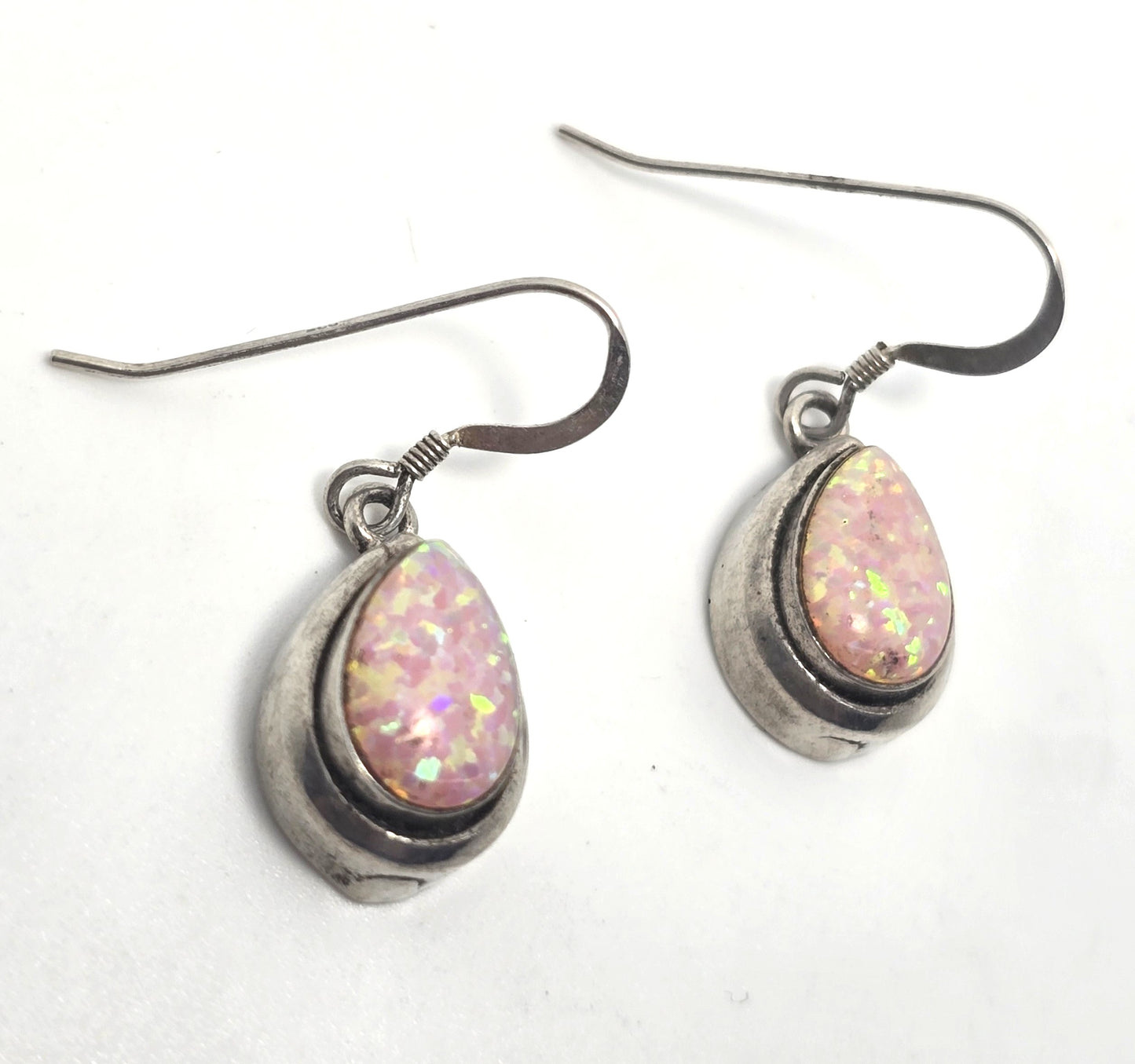 Pink synthetic Fire opal pear cut gemstone sterling silver drop earrings