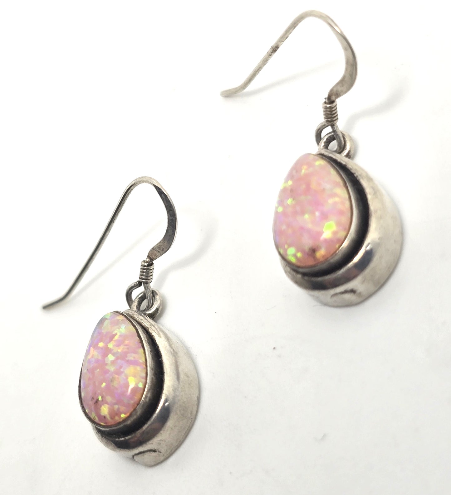 Pink synthetic Fire opal pear cut gemstone sterling silver drop earrings