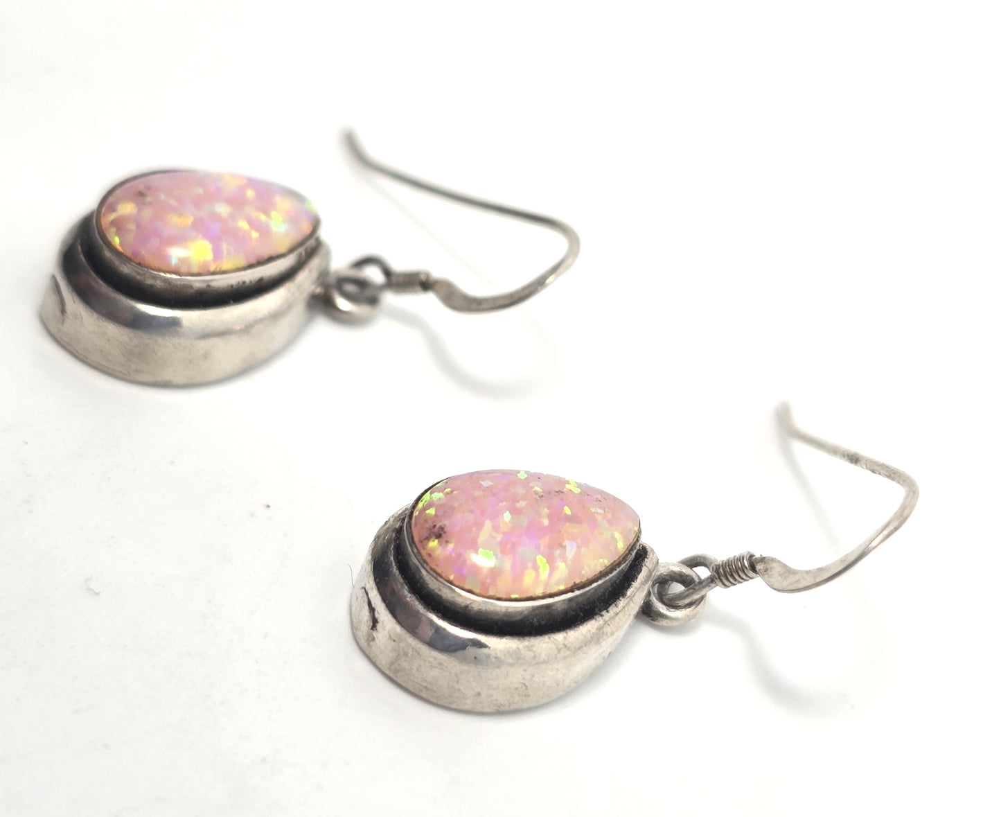 Pink synthetic Fire opal pear cut gemstone sterling silver drop earrings