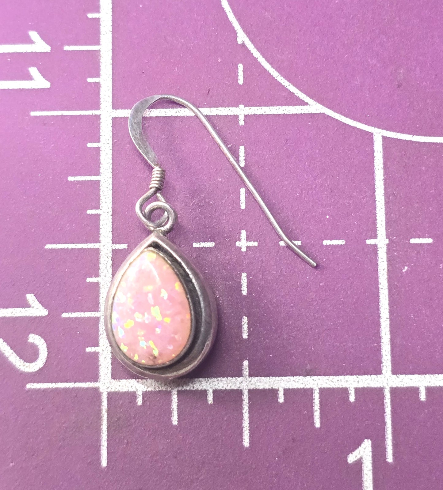 Pink synthetic Fire opal pear cut gemstone sterling silver drop earrings