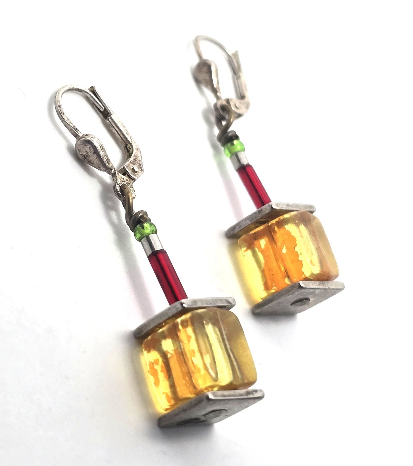 Artisan cubed yellow painted glass modernist sterling silver vintage earrings