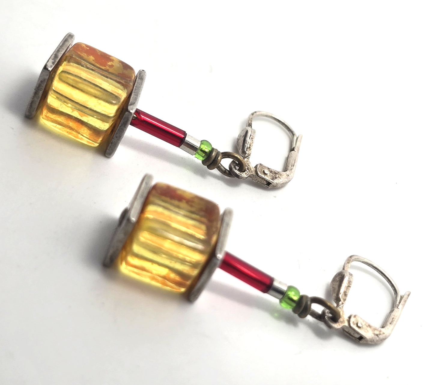 Artisan cubed yellow painted glass modernist sterling silver vintage earrings