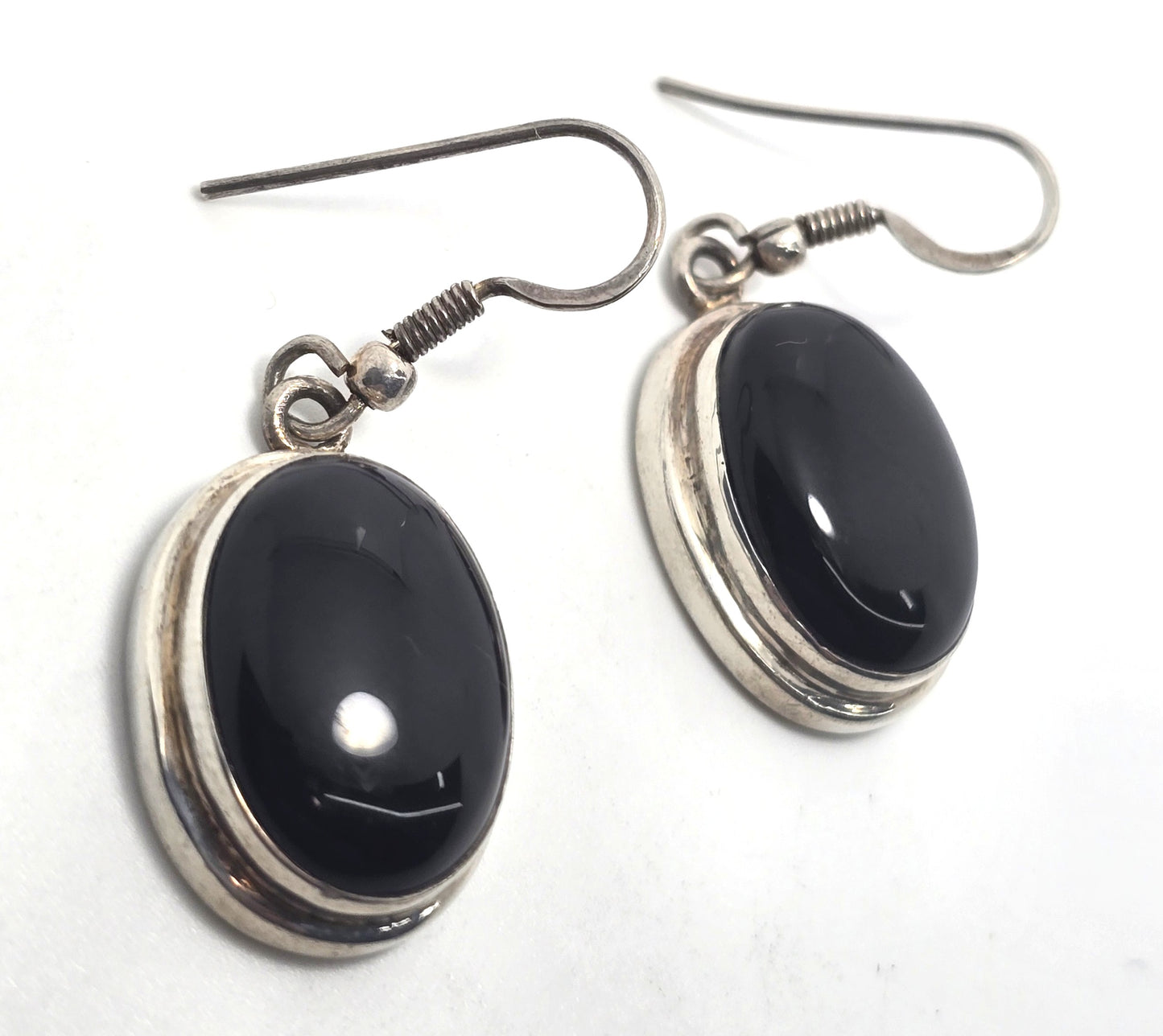 Black onyx large Oval retro vintage thick drop sterling silver modernist earrings D