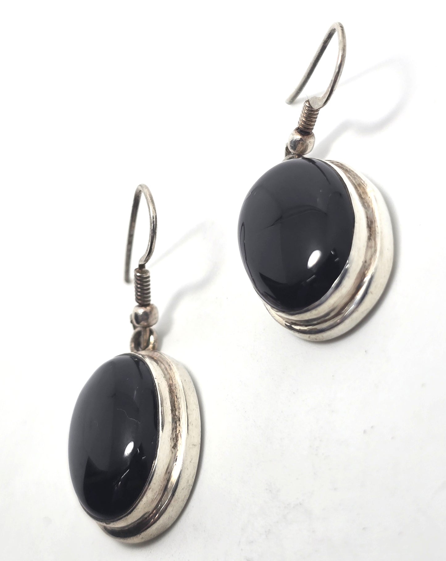 Black onyx large Oval retro vintage thick drop sterling silver modernist earrings D