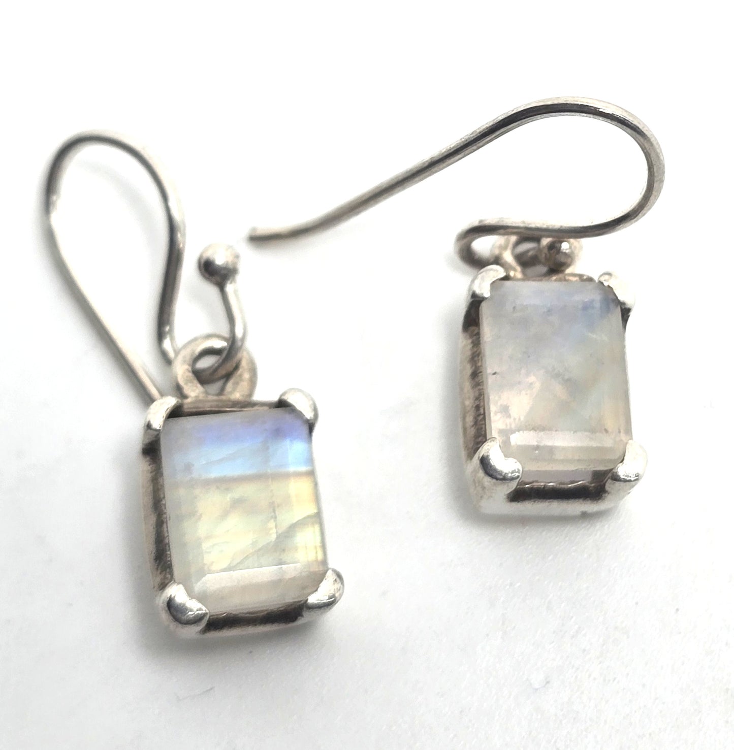 Rainbow moonstone faceted cut open work sterling silver drop earrings