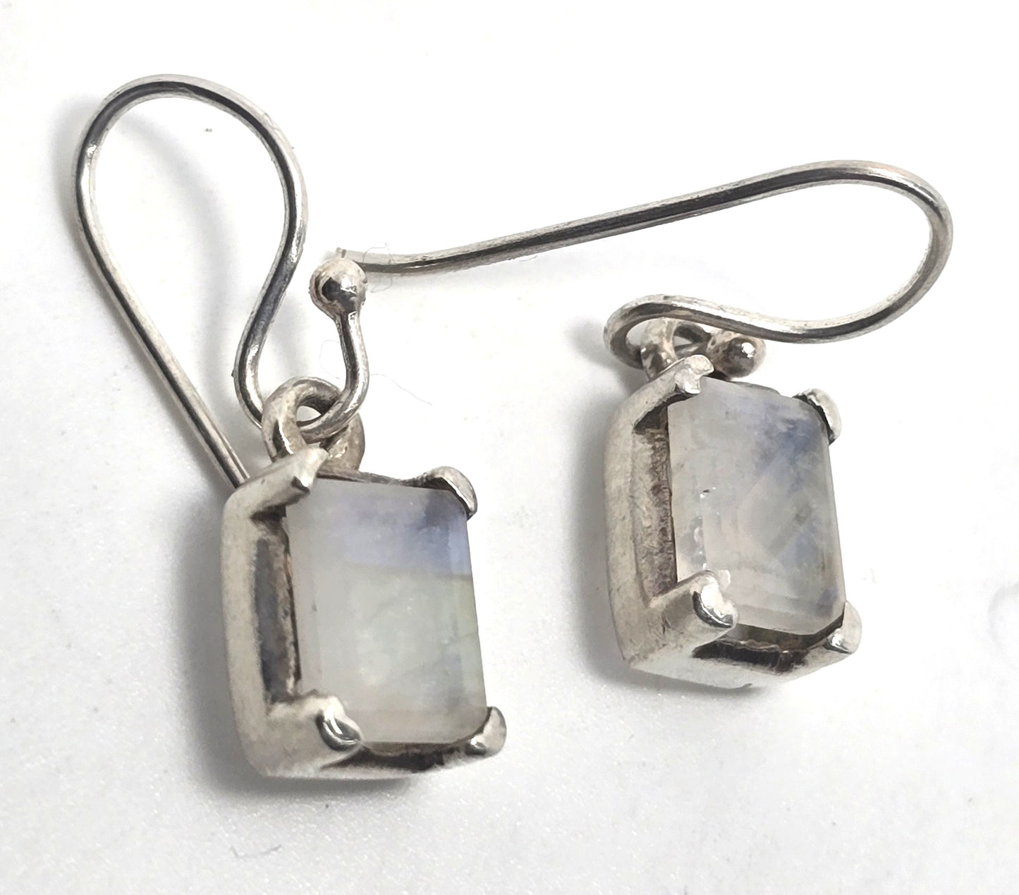 Rainbow moonstone faceted cut open work sterling silver drop earrings