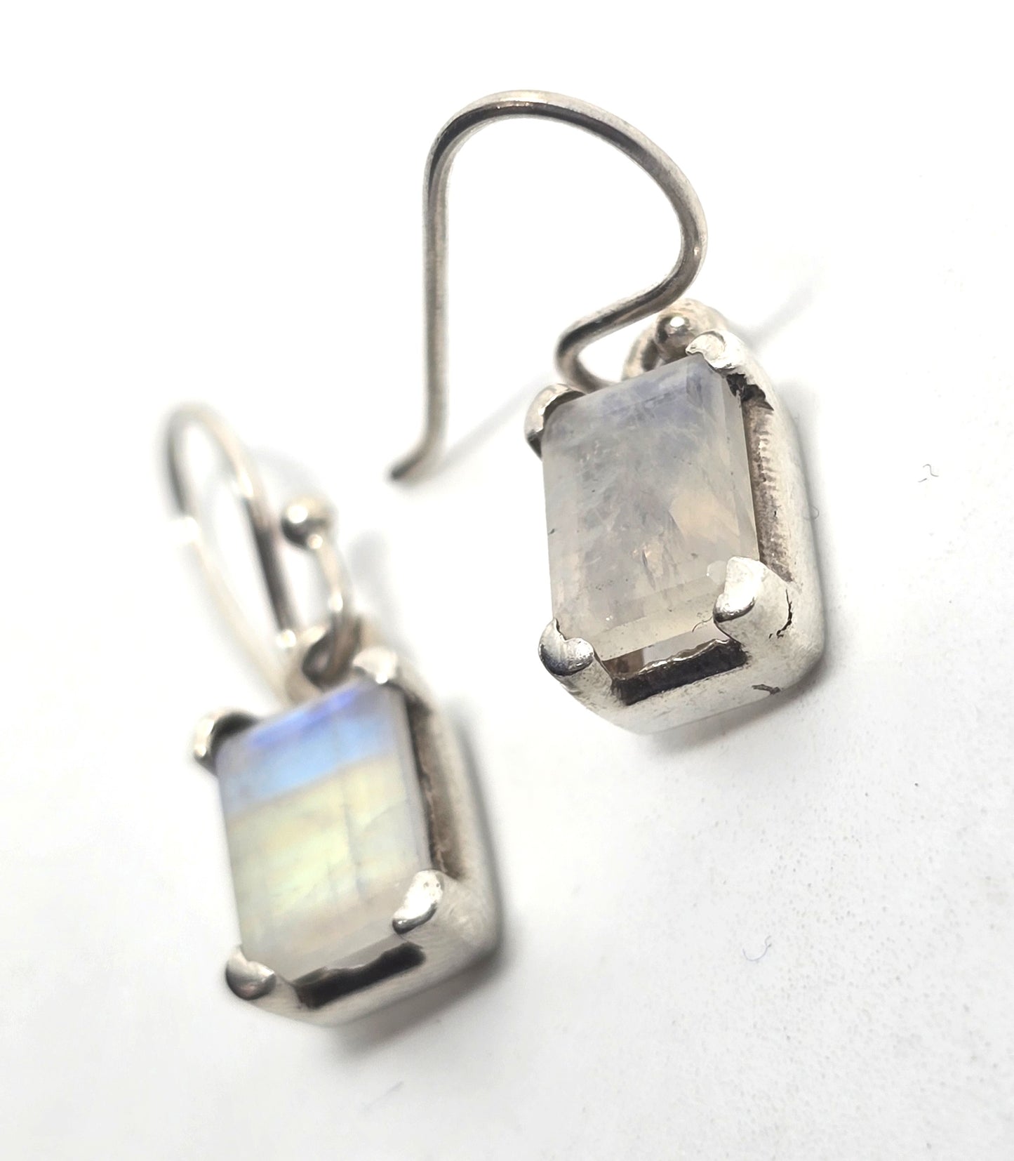 Rainbow moonstone faceted cut open work sterling silver drop earrings