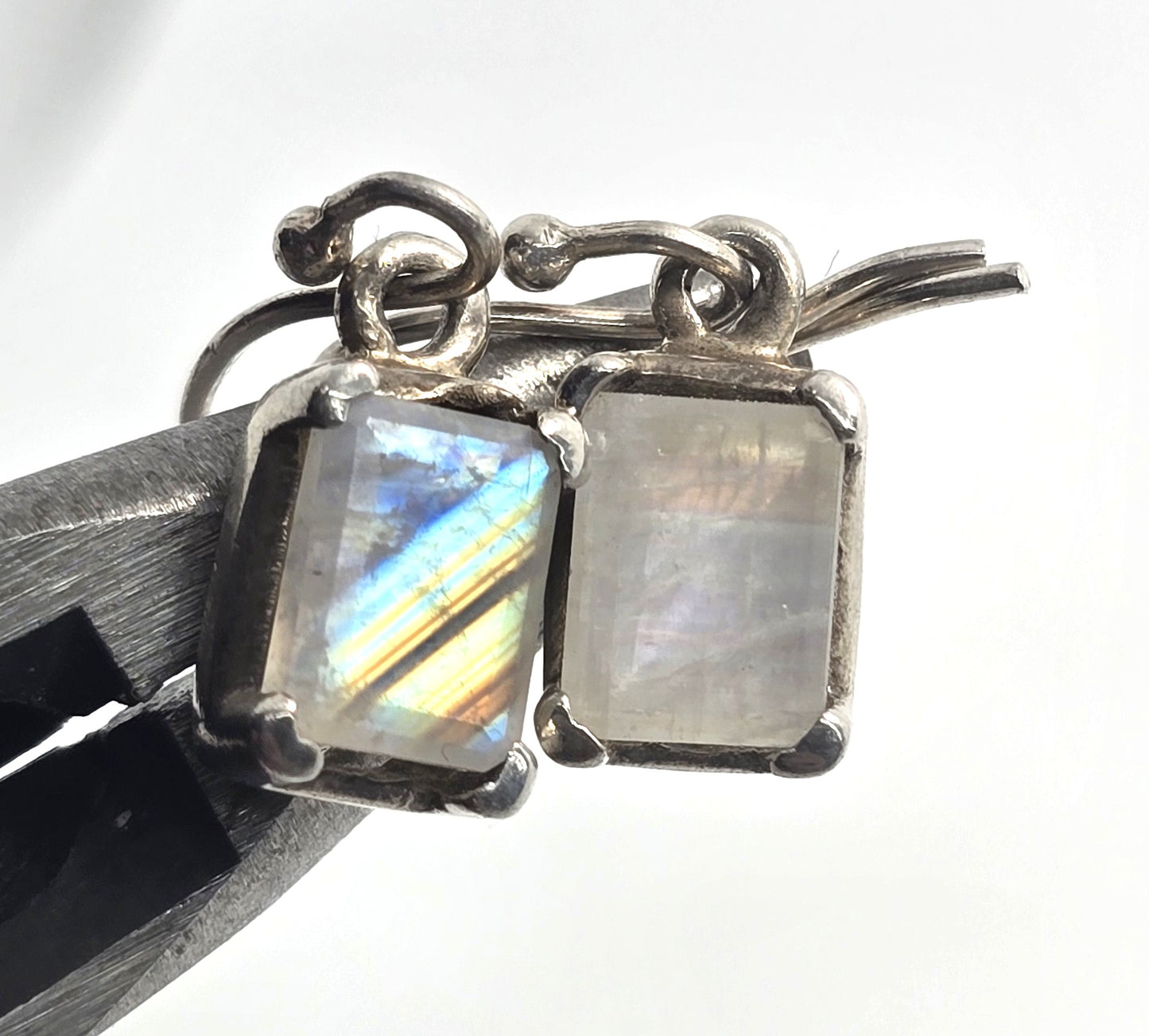 Rainbow moonstone faceted cut open work sterling silver drop earrings