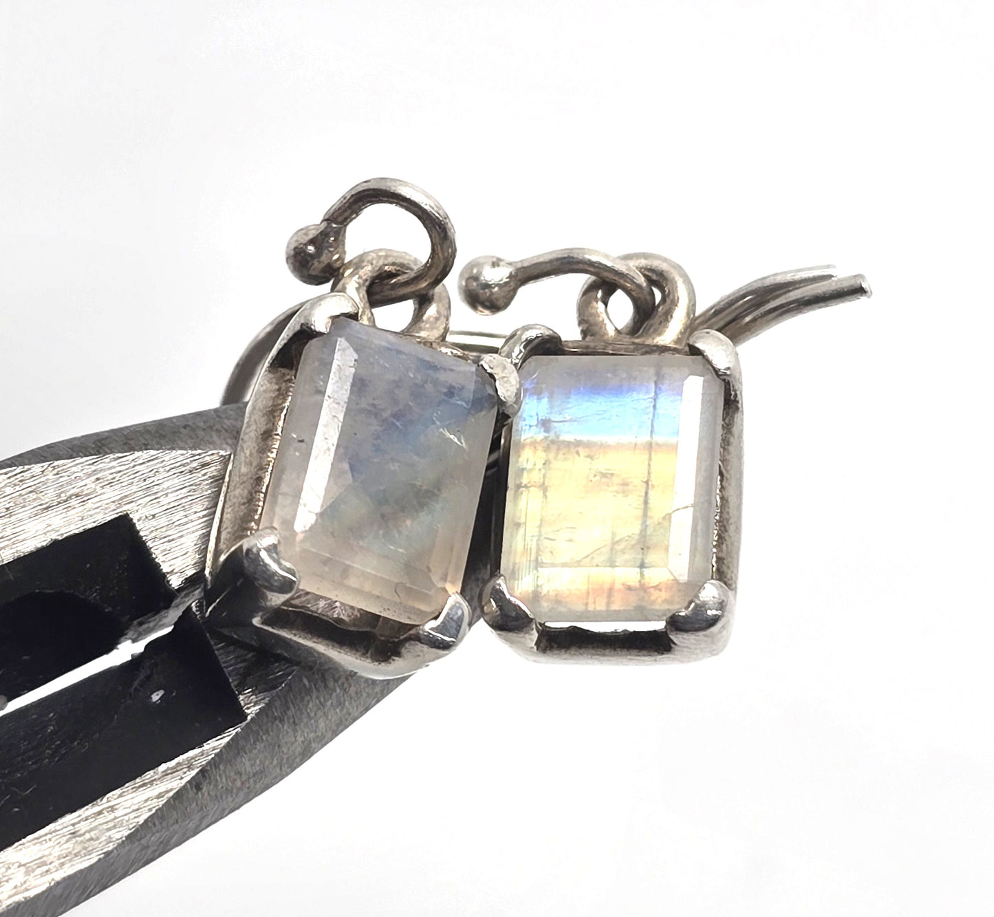 Rainbow moonstone faceted cut open work sterling silver drop earrings