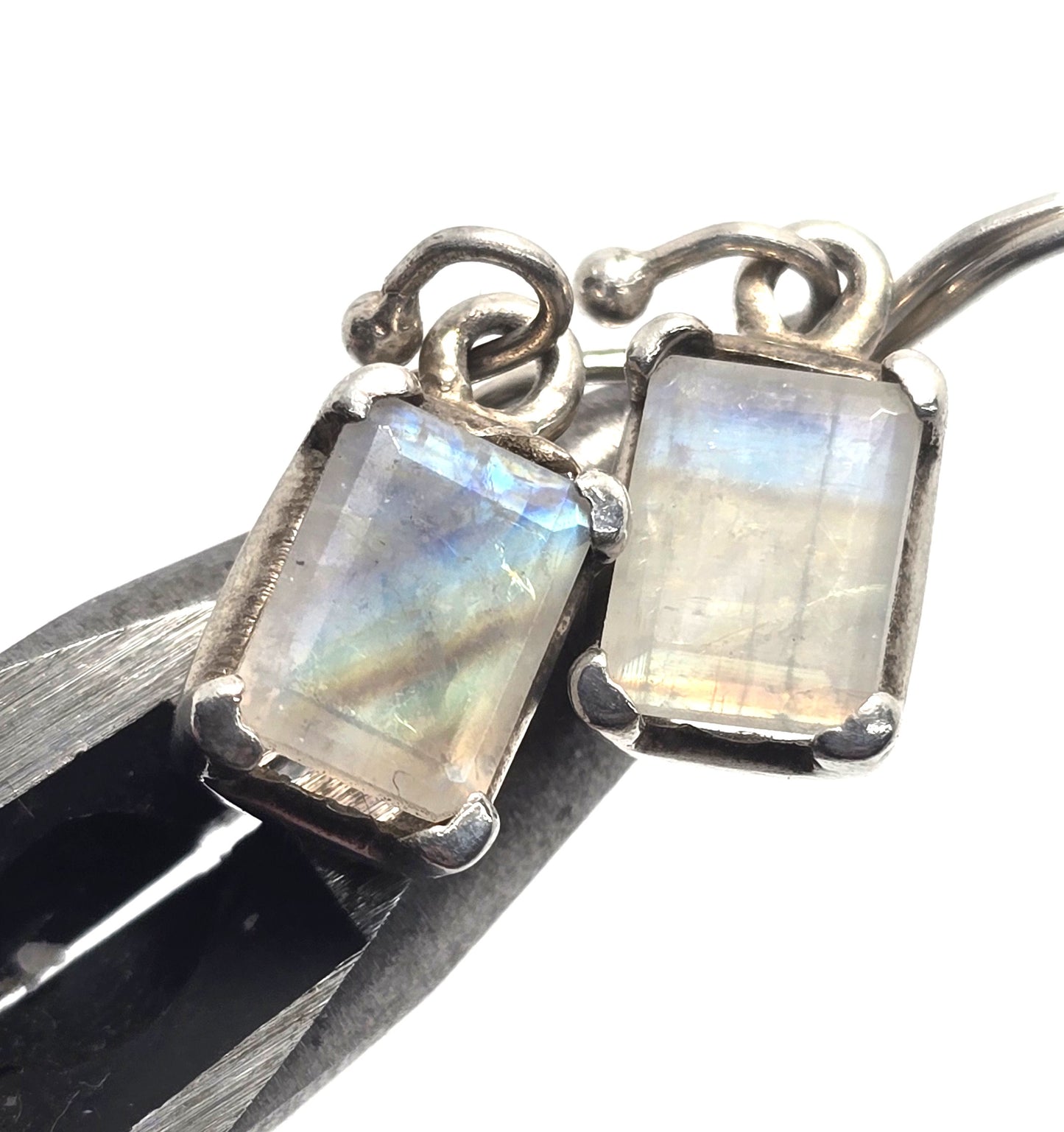 Rainbow moonstone faceted cut open work sterling silver drop earrings