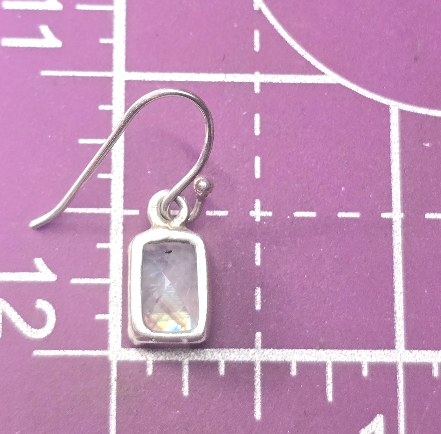 Rainbow moonstone faceted cut open work sterling silver drop earrings