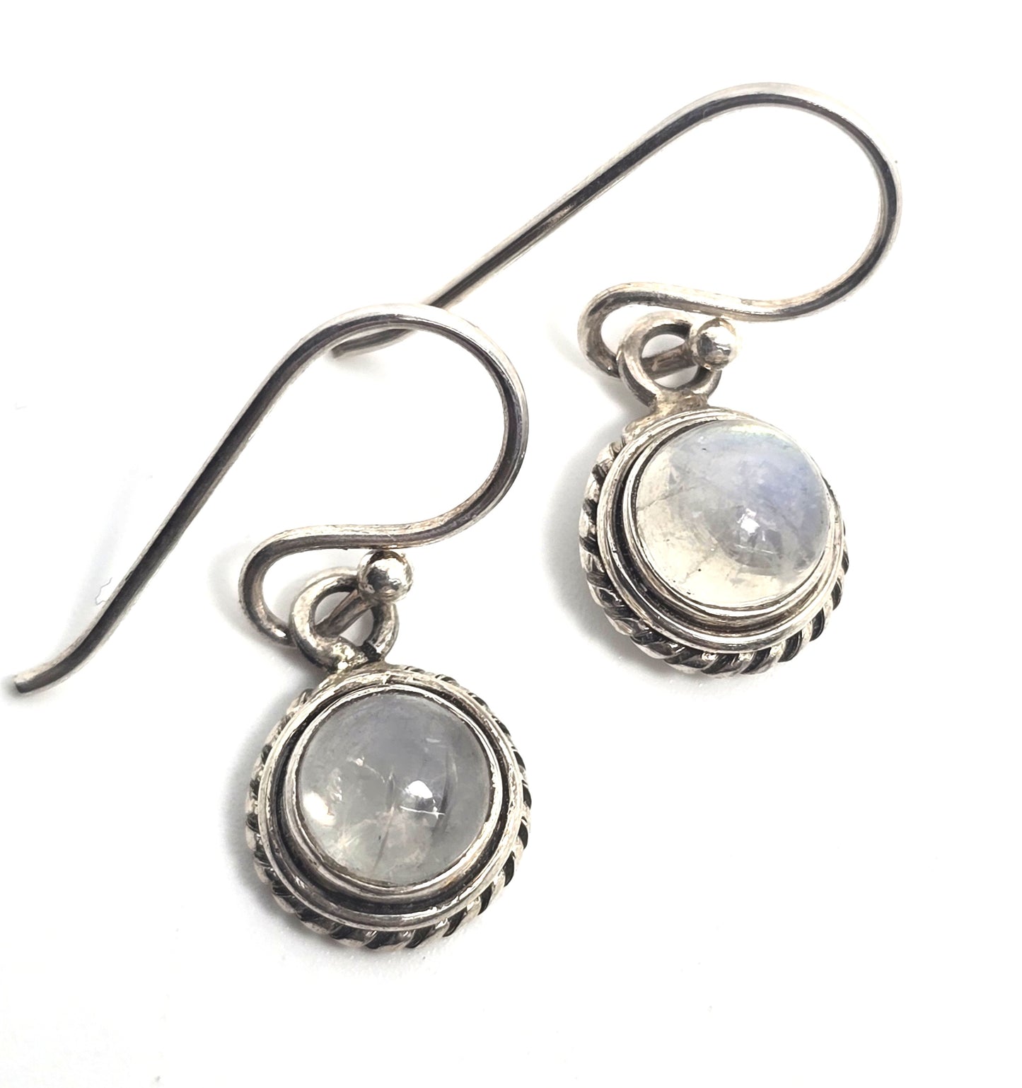Blue moonstone gemstone twisted halo Balinese sterling silver drop earrings