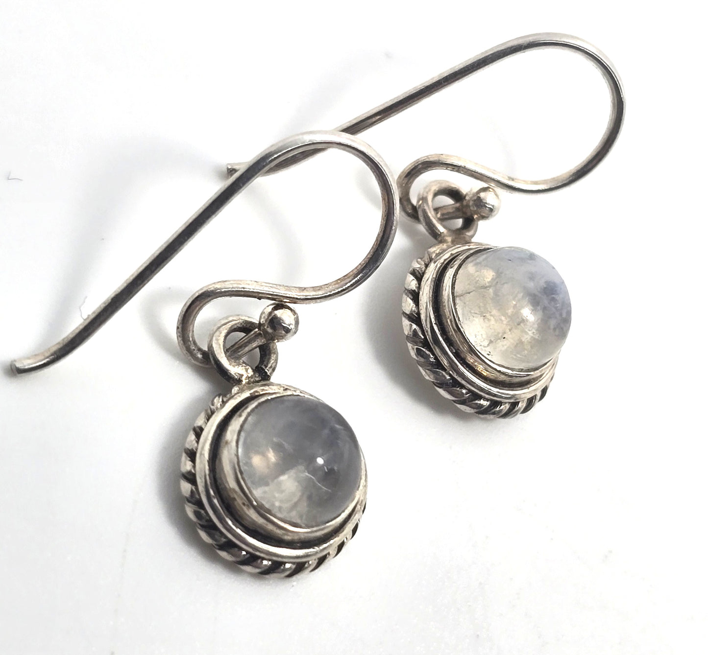 Blue moonstone gemstone twisted halo Balinese sterling silver drop earrings