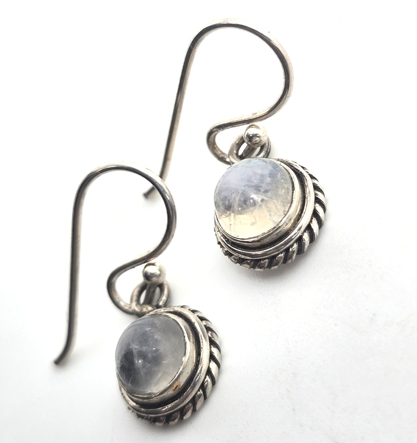Blue moonstone gemstone twisted halo Balinese sterling silver drop earrings
