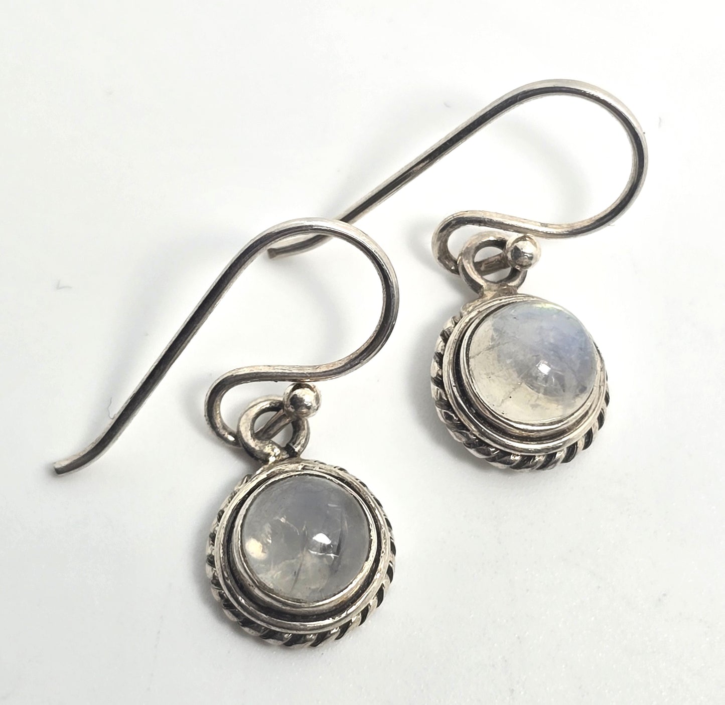 Blue moonstone gemstone twisted halo Balinese sterling silver drop earrings