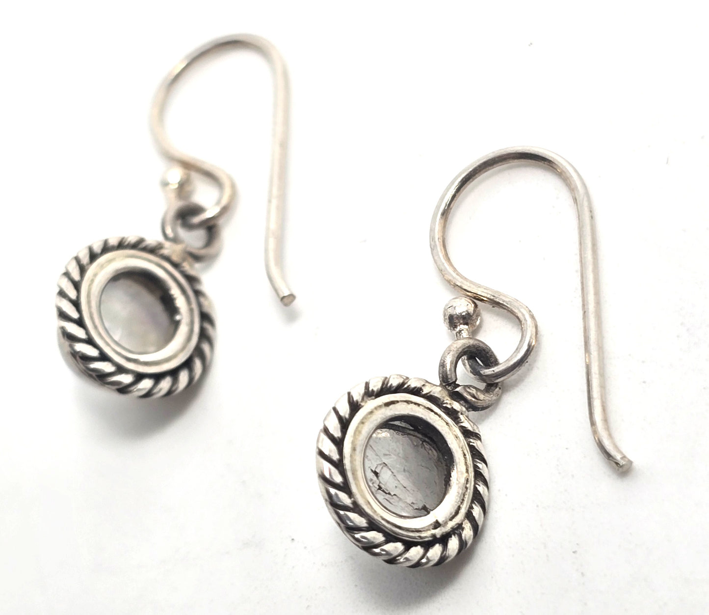 Blue moonstone gemstone twisted halo Balinese sterling silver drop earrings