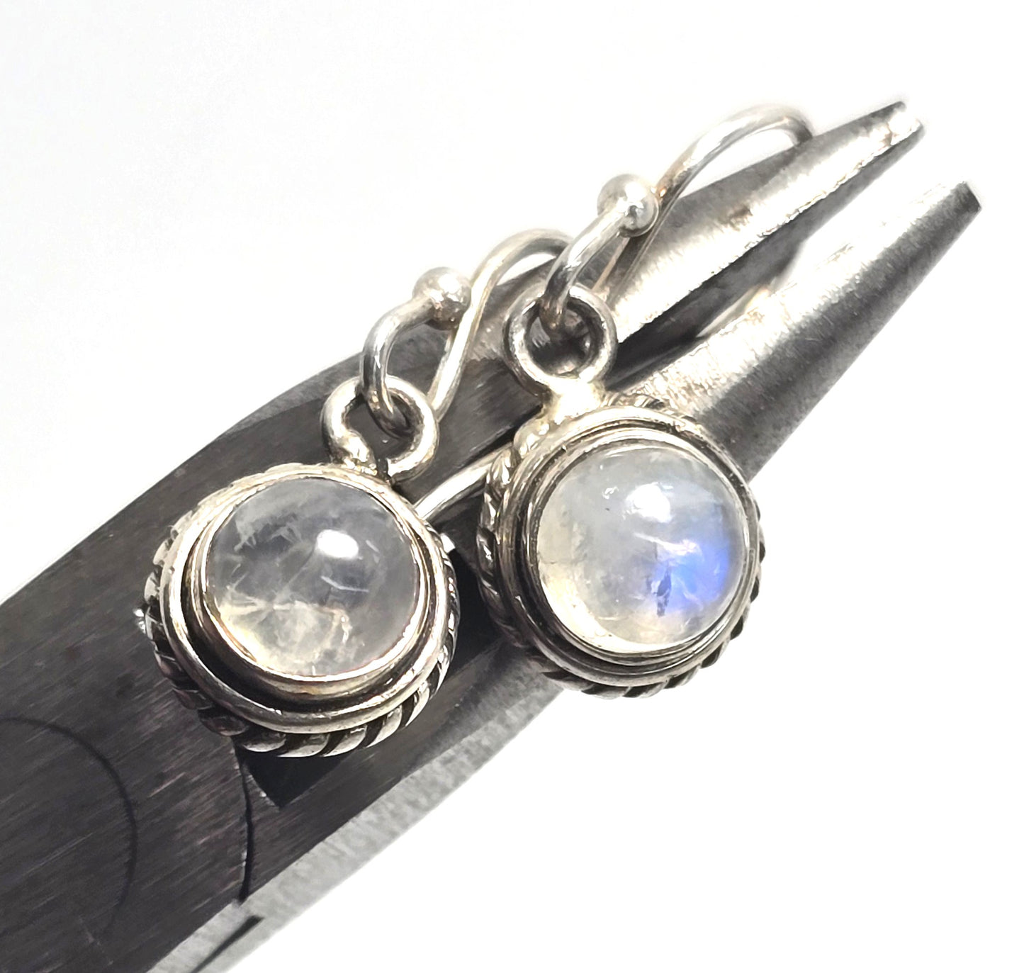 Blue moonstone gemstone twisted halo Balinese sterling silver drop earrings