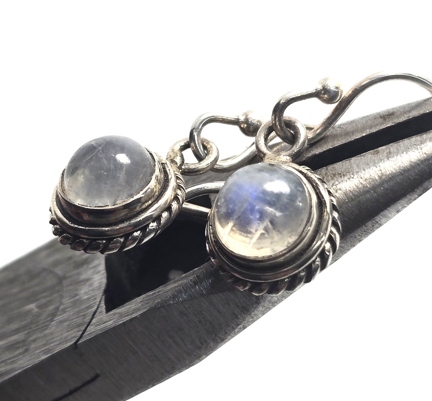 Blue moonstone gemstone twisted halo Balinese sterling silver drop earrings