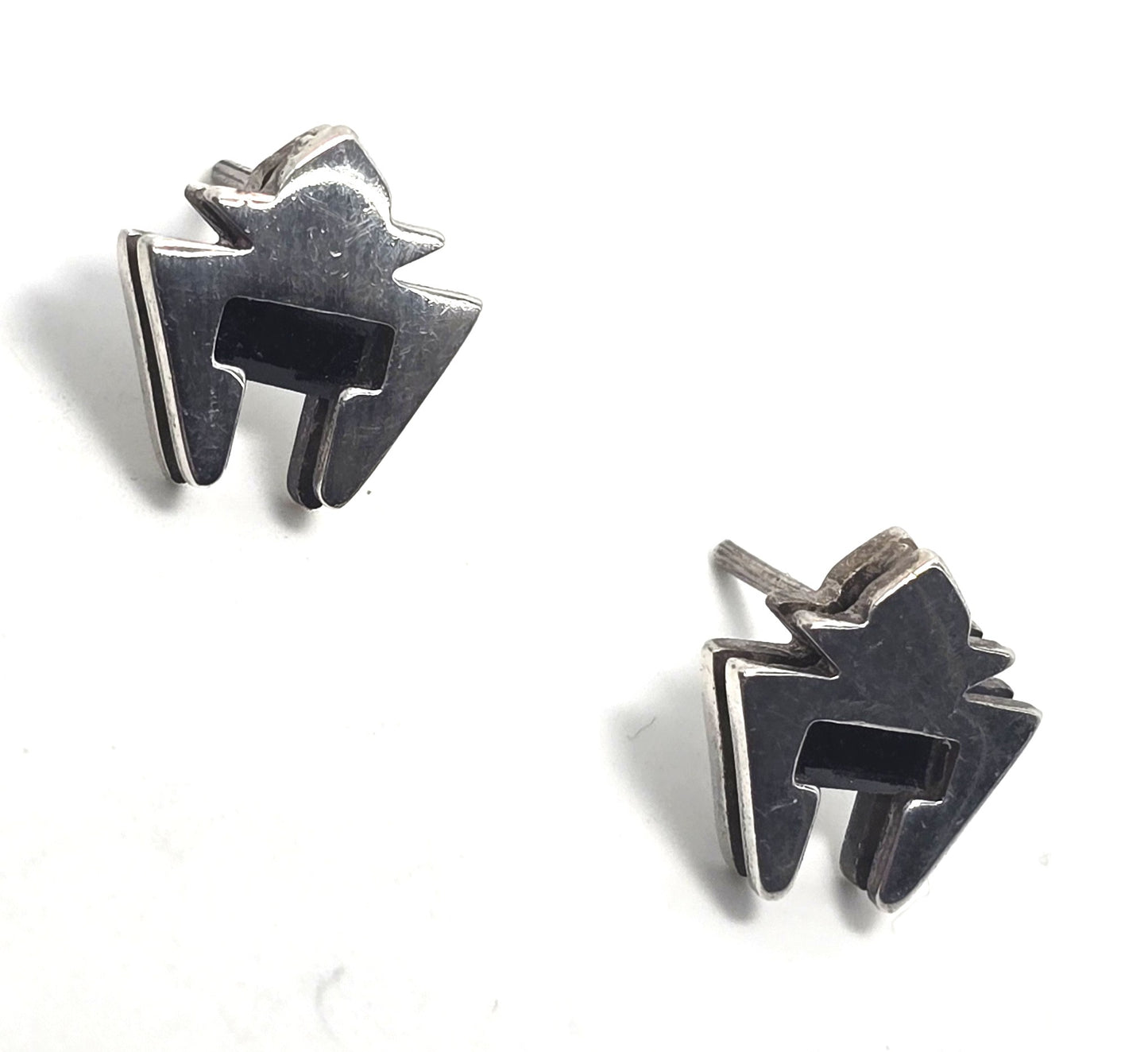 Modernist black gemstone sterling silver vintage tribal stud earrings