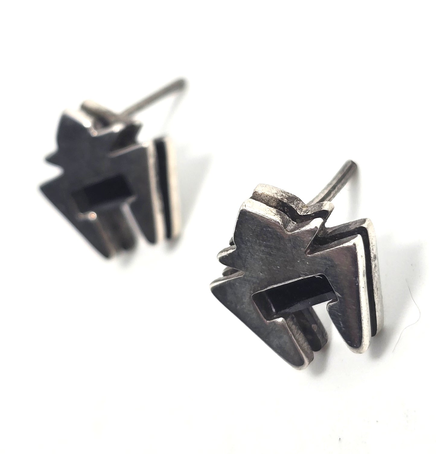 Modernist black gemstone sterling silver vintage tribal stud earrings
