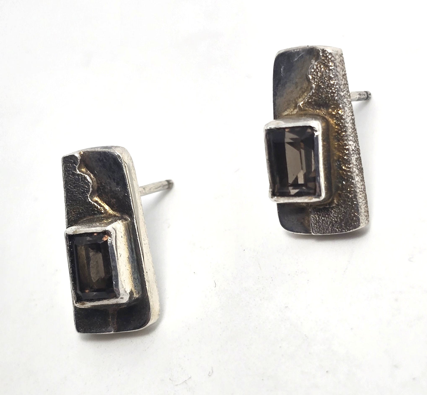 Smoky Quartz faceted abstract solid sterling silver vintage post earrings