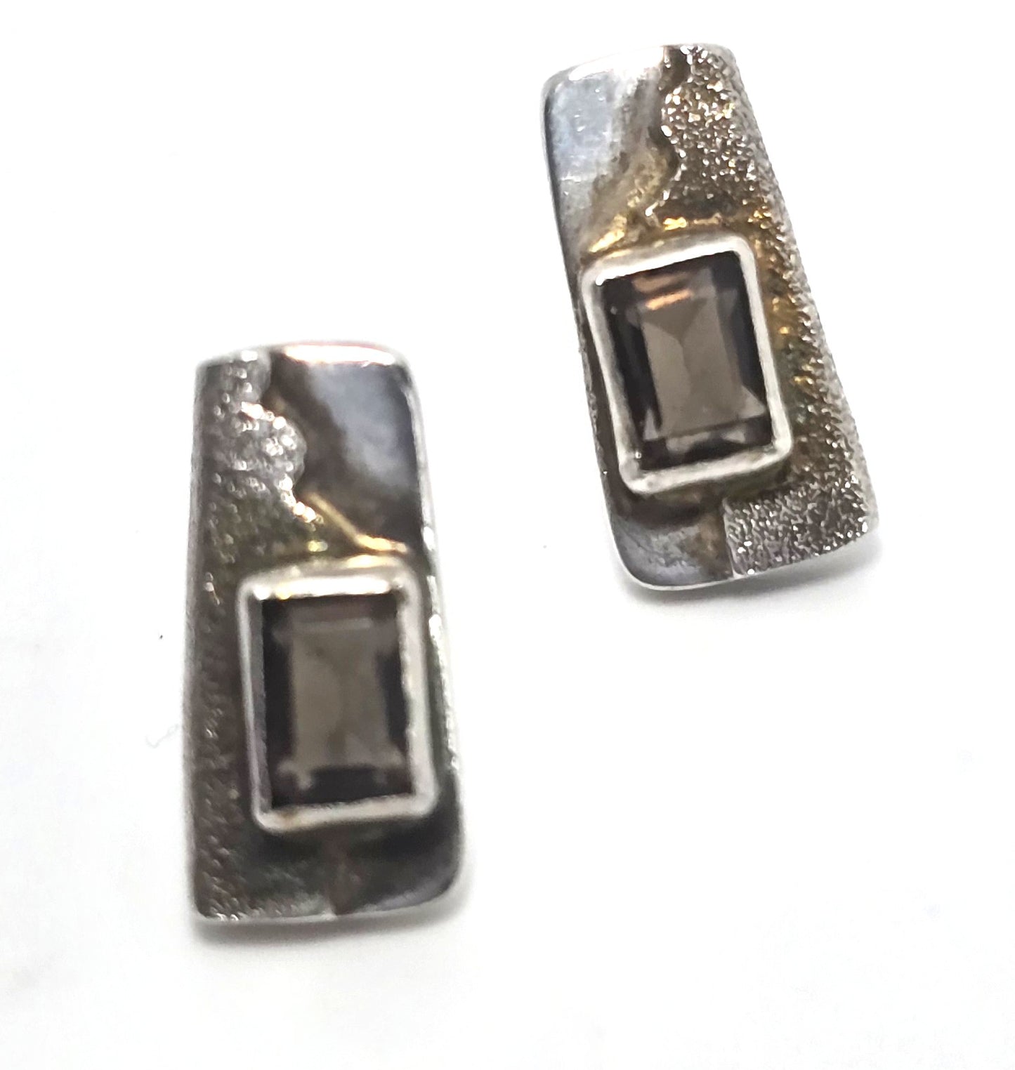 Smoky Quartz faceted abstract solid sterling silver vintage post earrings