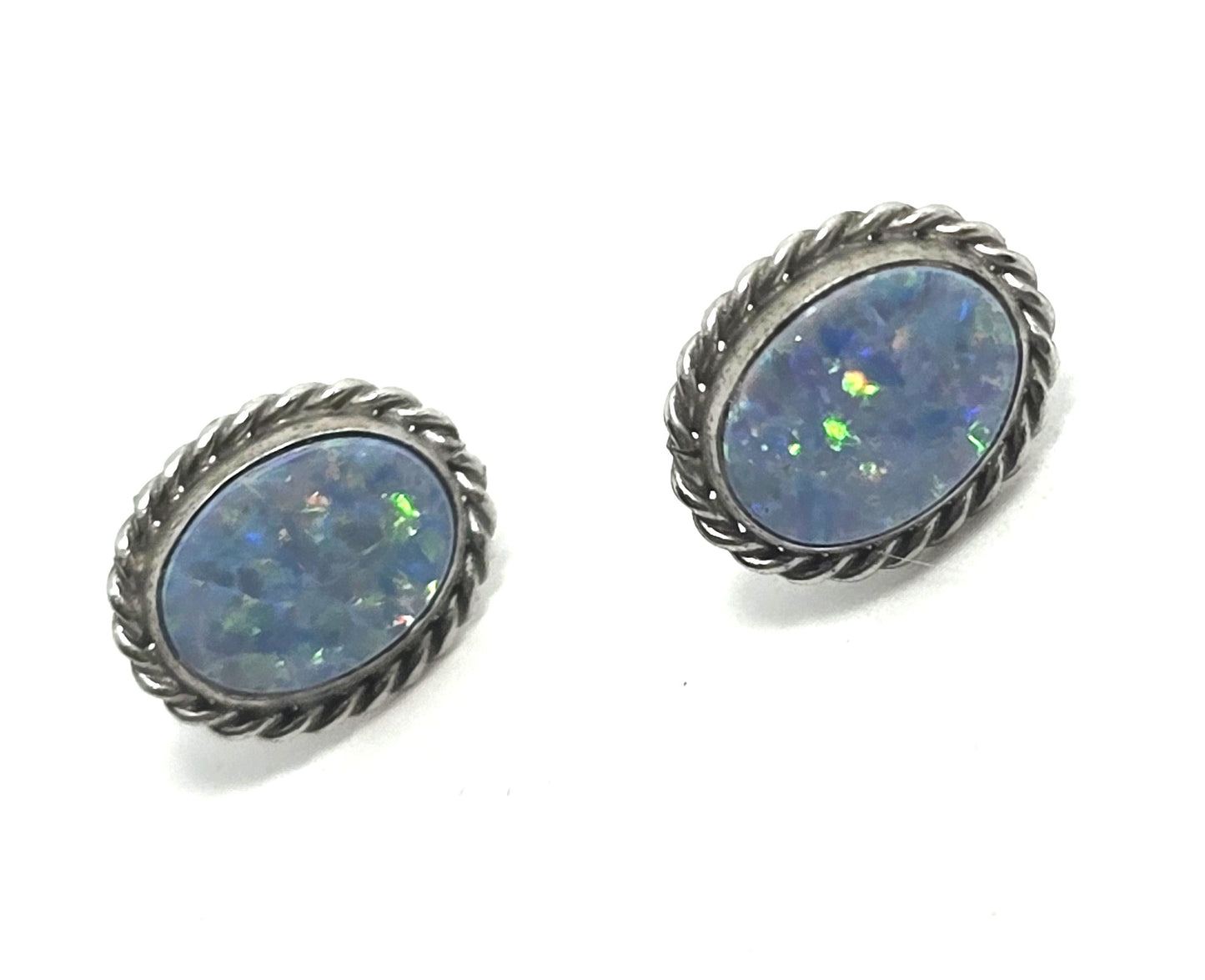 Carla Blue opal oval 12k white gold filled vintage signed stud earrings