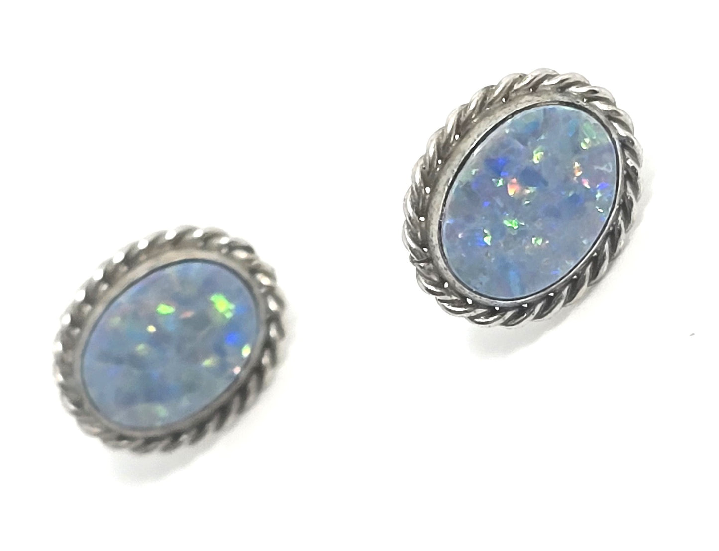 Carla Blue opal oval 12k white gold filled vintage signed stud earrings