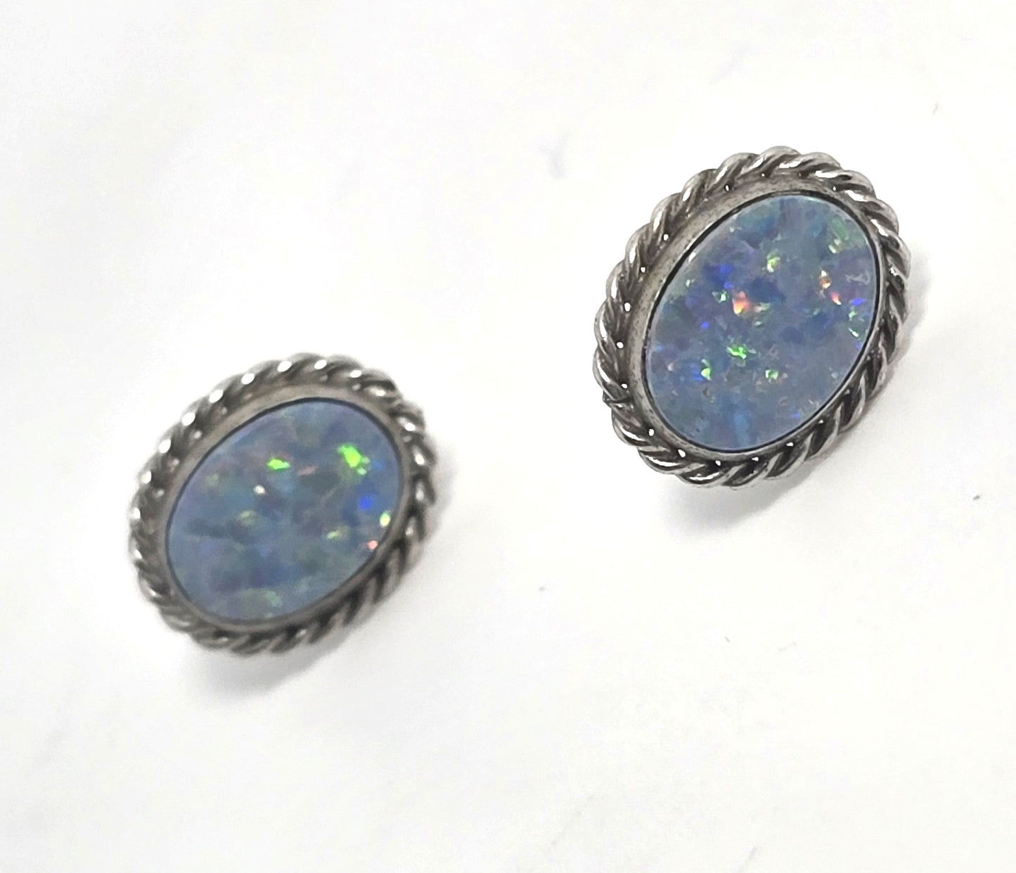 Carla Blue opal oval 12k white gold filled vintage signed stud earrings
