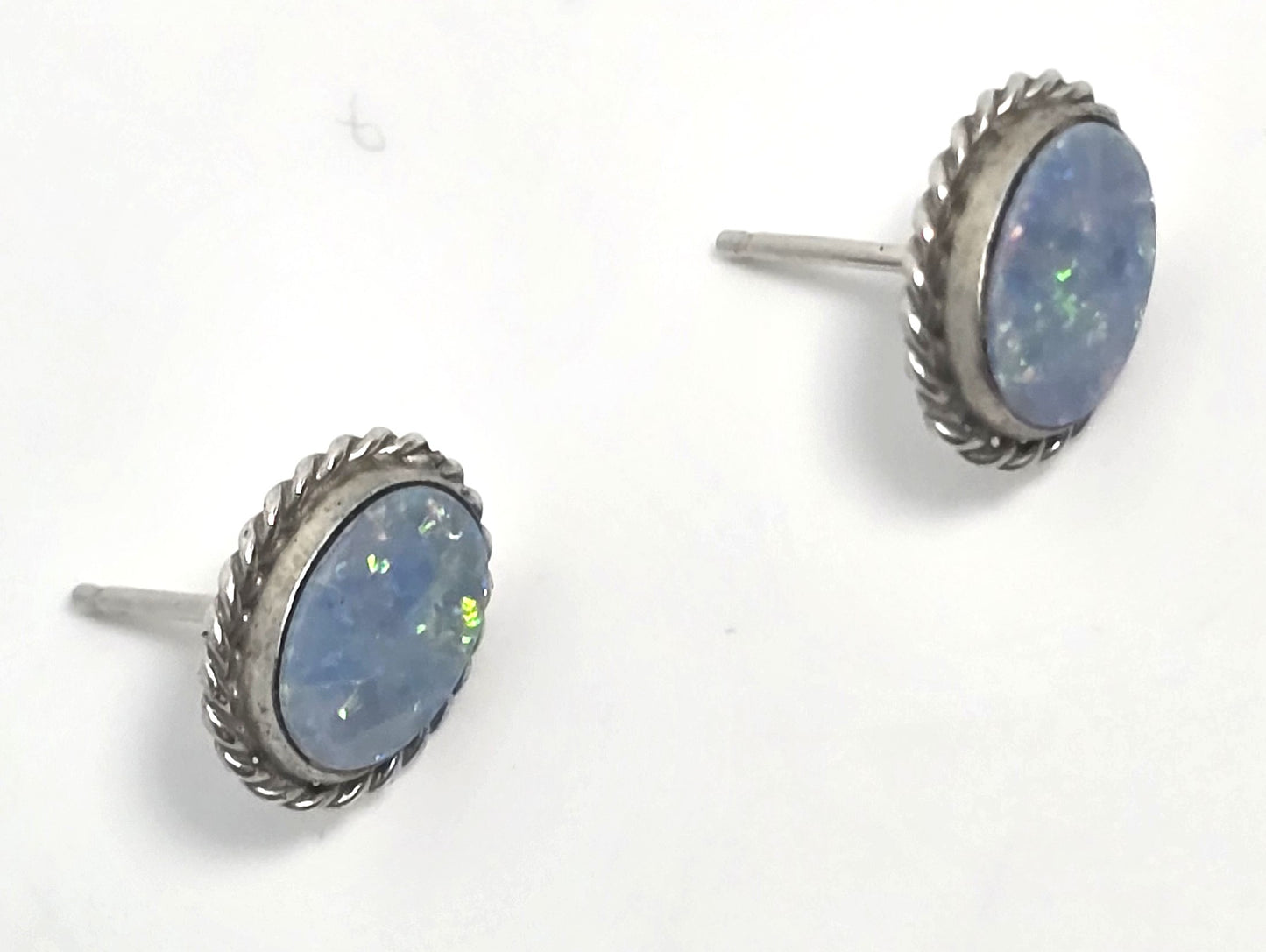 Carla Blue opal oval 12k white gold filled vintage signed stud earrings