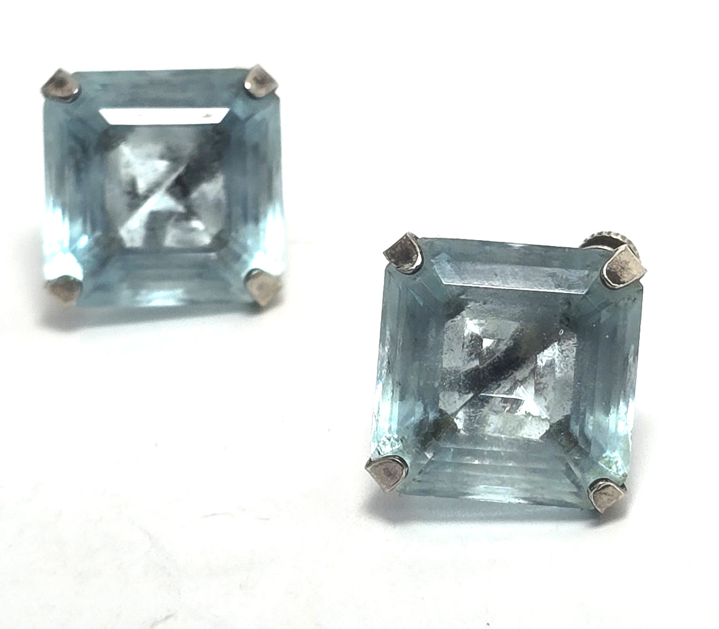 Blue Czech Paste Glass vintage large sterling silver screw back earrings