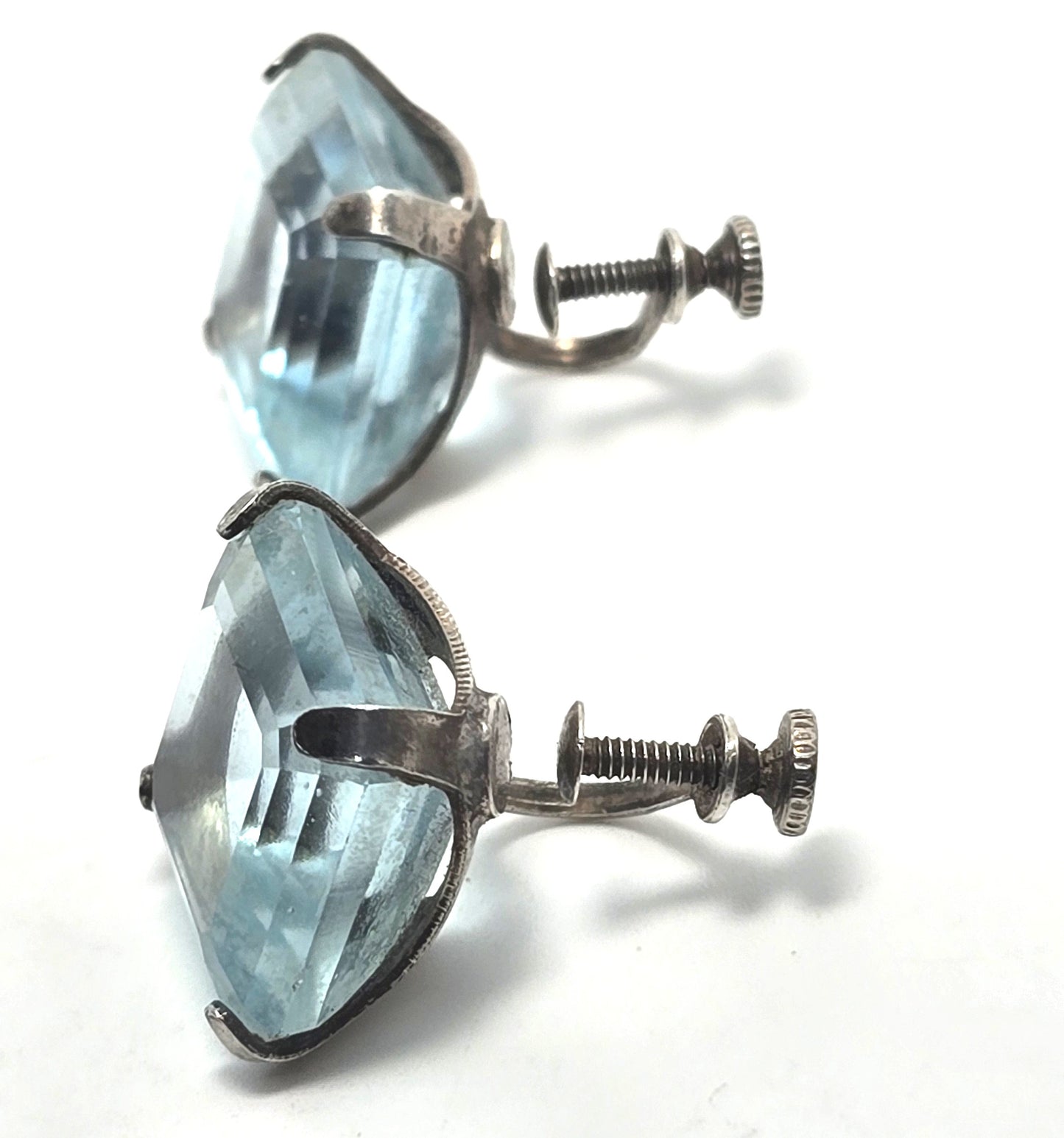 Blue Czech Paste Glass vintage large sterling silver screw back earrings