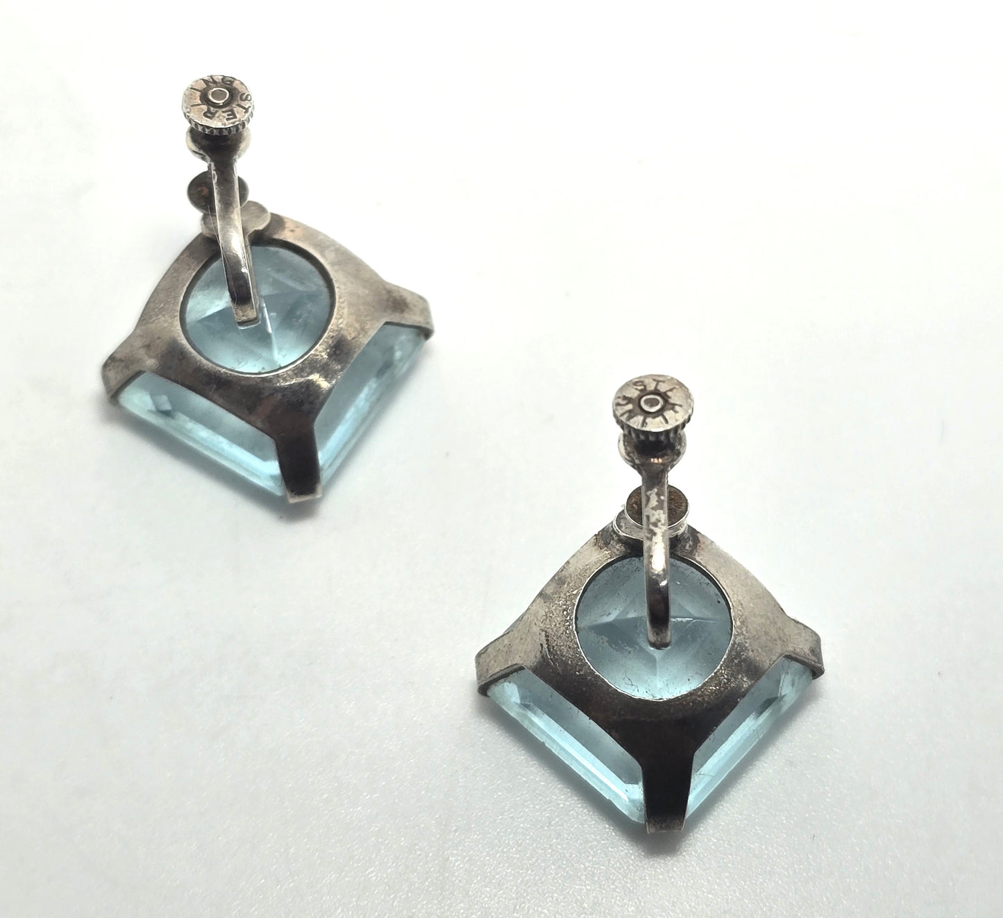 Blue Czech Paste Glass vintage large sterling silver screw back earrings