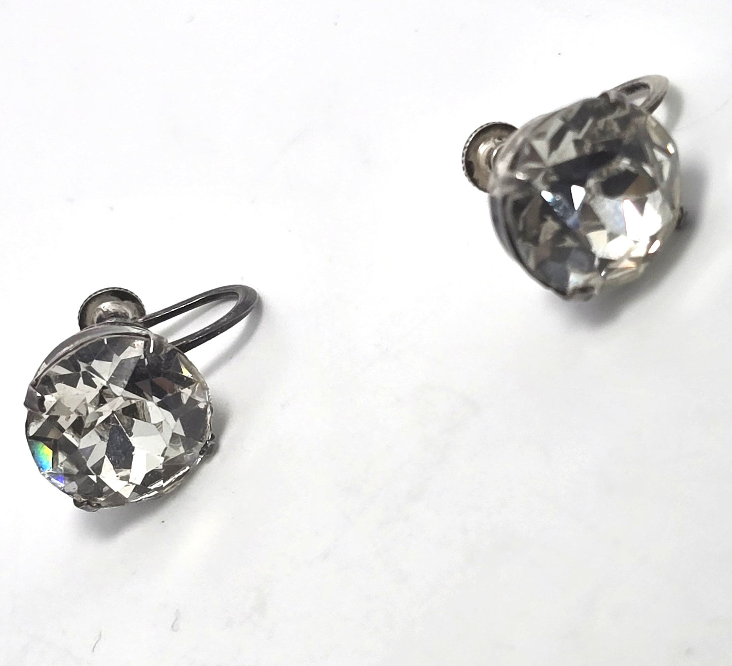 Clear large headlight Rhinestone Glass vintage sterling silver screw back earrings