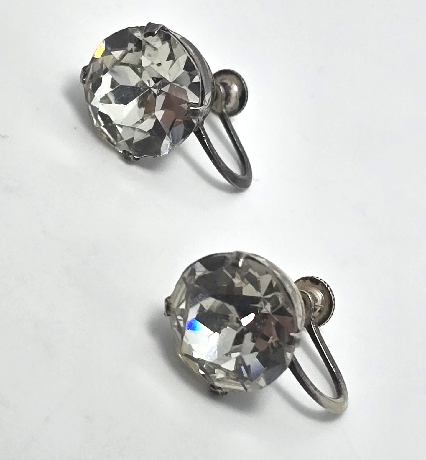 Clear large headlight Rhinestone Glass vintage sterling silver screw back earrings