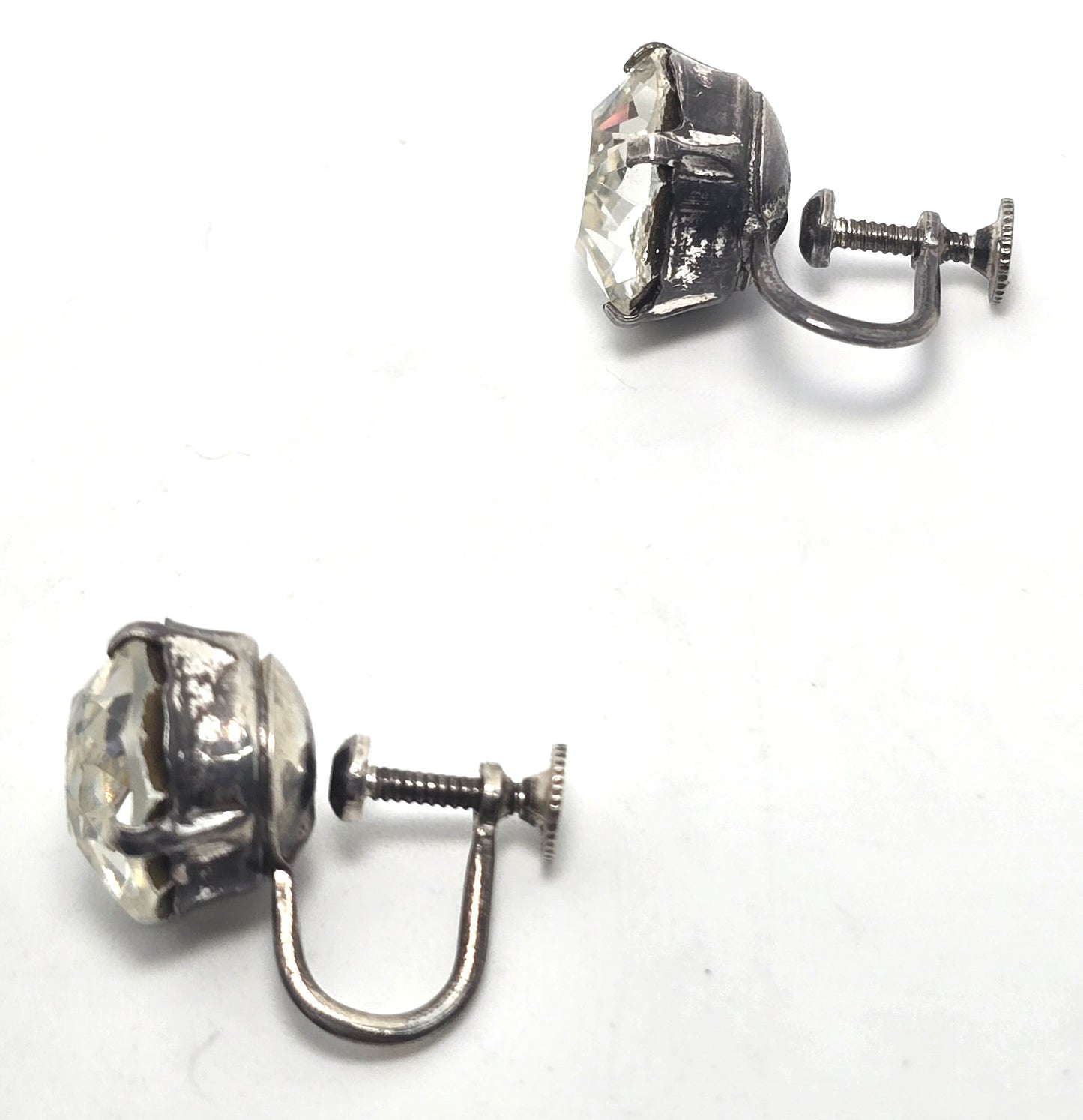 Clear large headlight Rhinestone Glass vintage sterling silver screw back earrings
