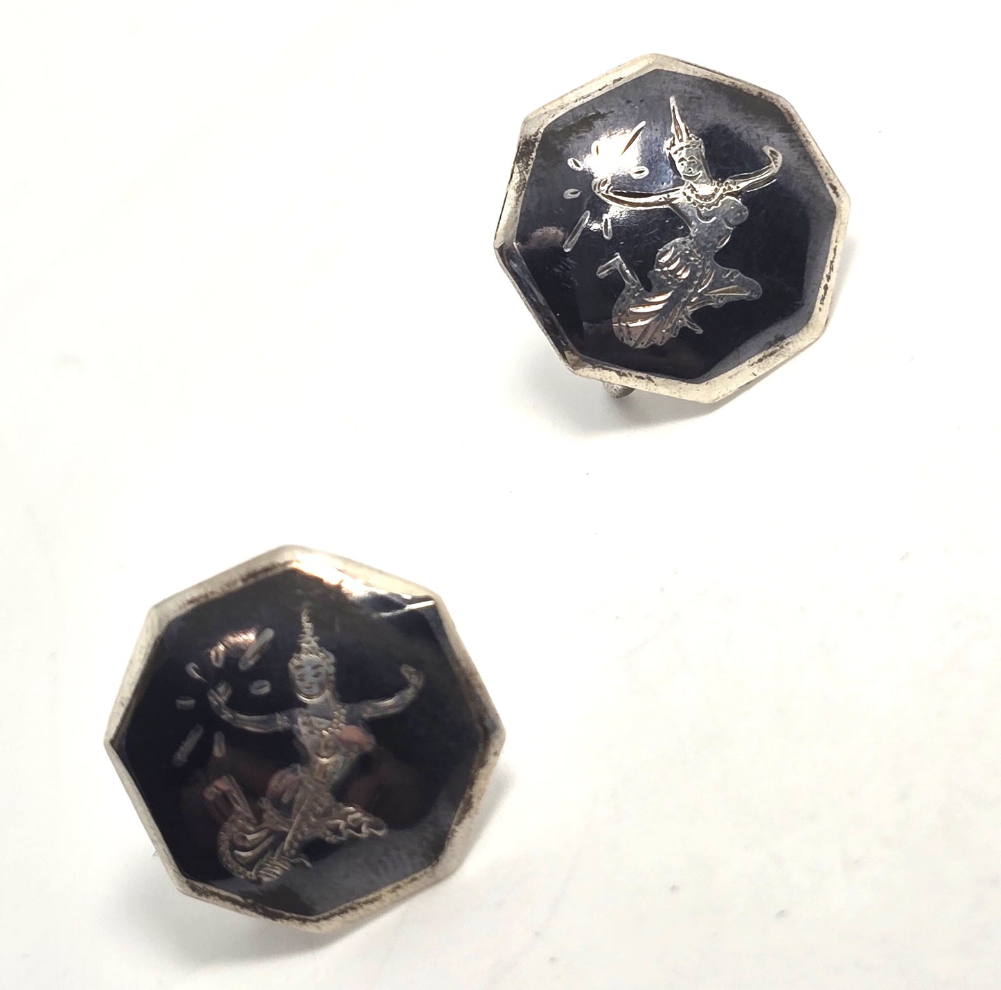 Siam Nielloware Goddess deity black enamel sterling silver screw back earrings